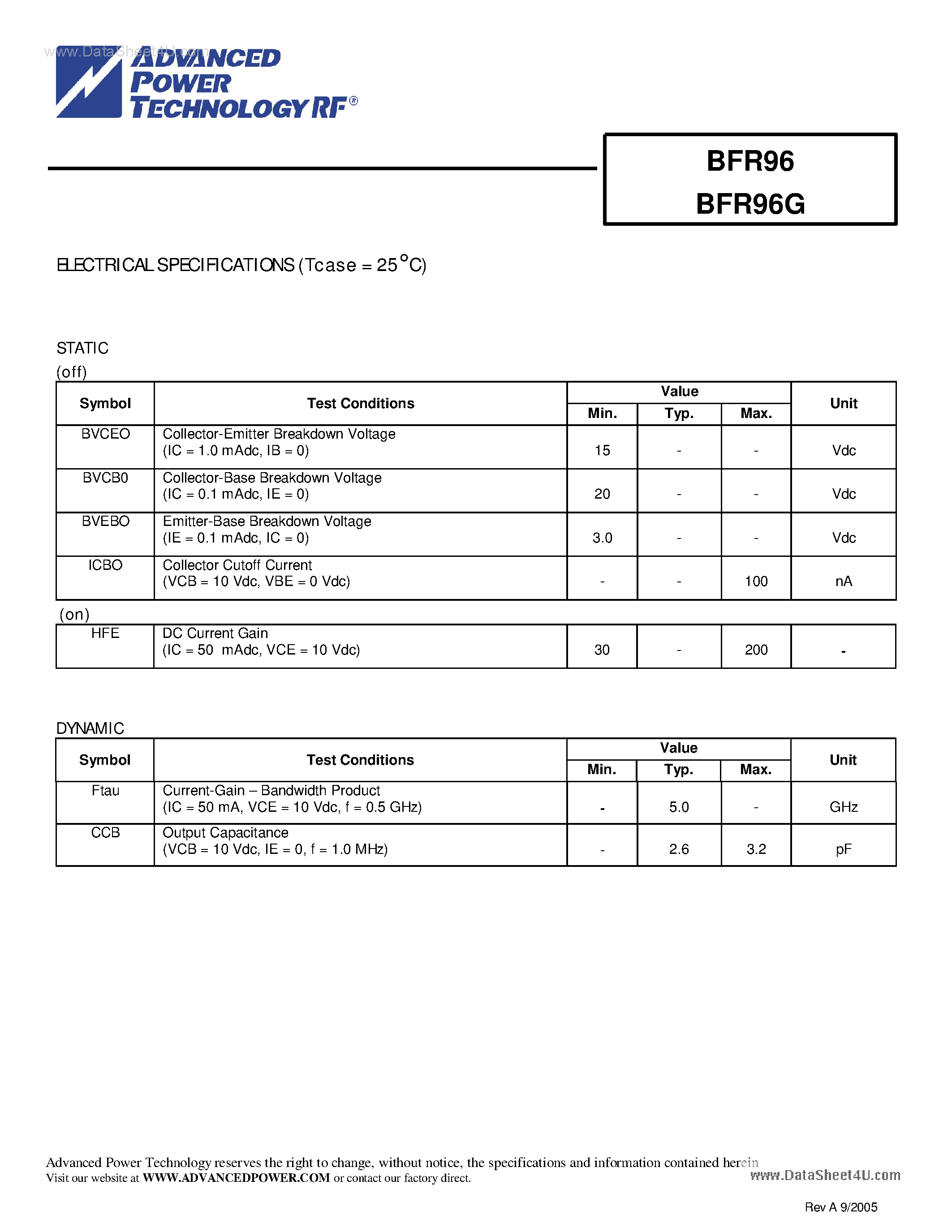 Даташит BFR96 - RF & MICROWAVE DISCRETE LOW POWER TRANSISTORS страница 2