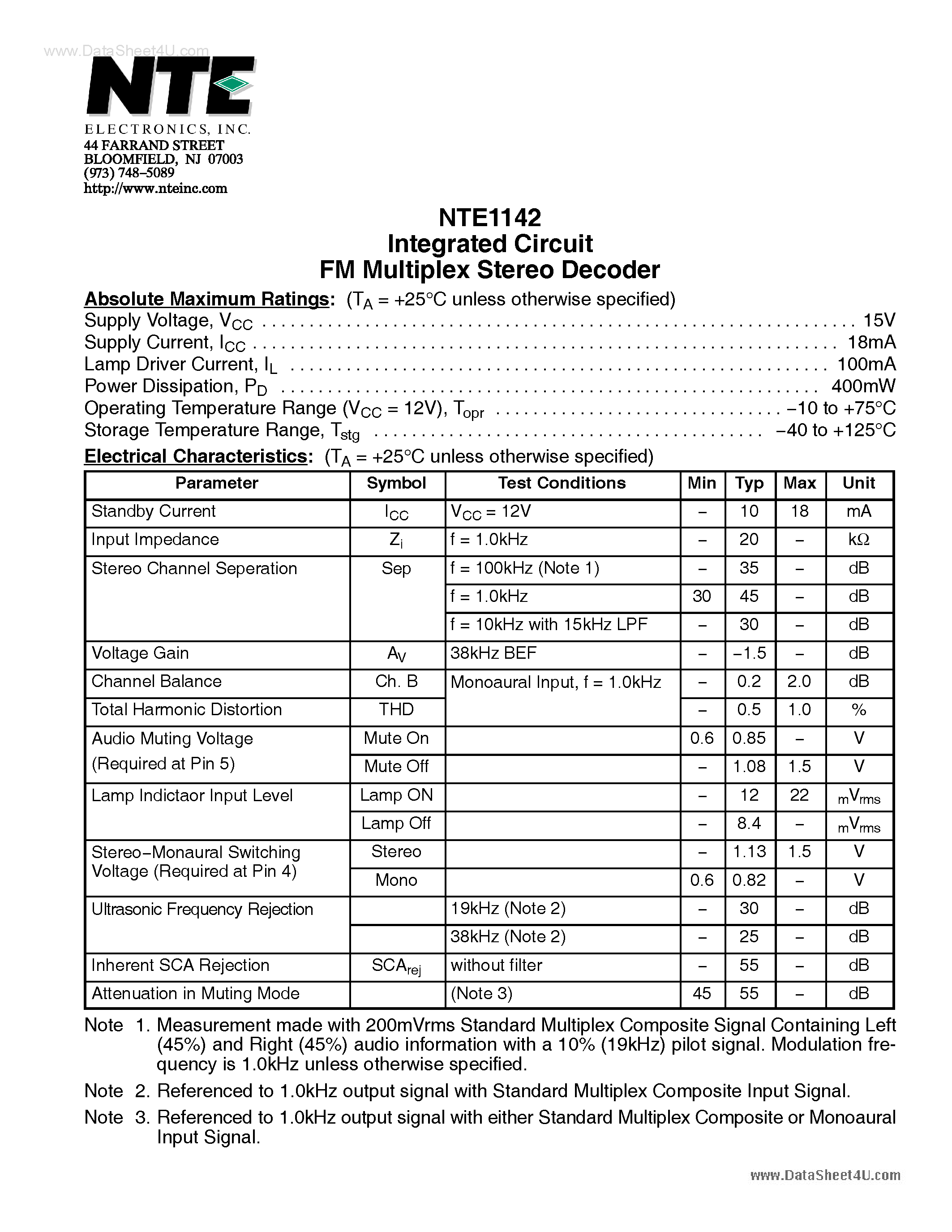 Даташит NTE1142 - Integrated Circuit FM Multiplex Stereo Decoder страница 1