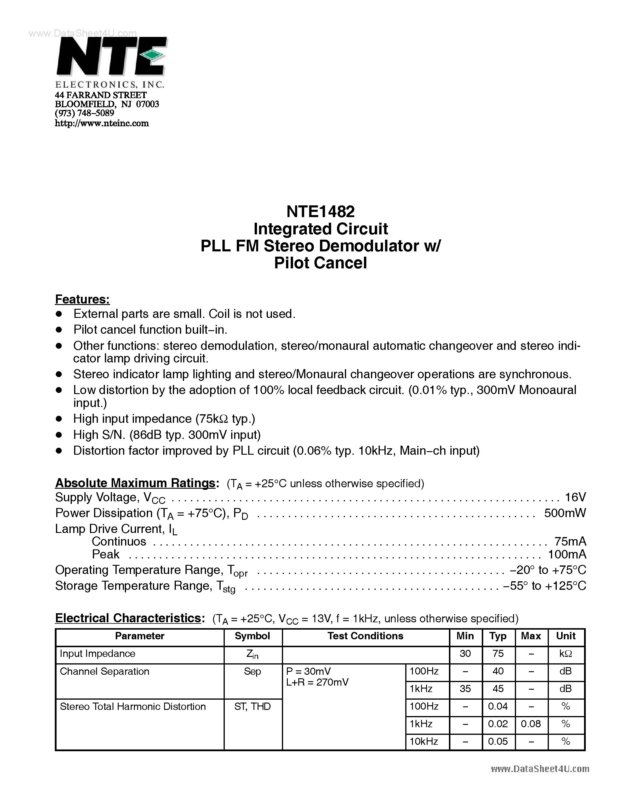 Даташит NTE1482 - Integrated Circuit PLL FM Stereo Demodulator w/ Pilot Cancel страница 1