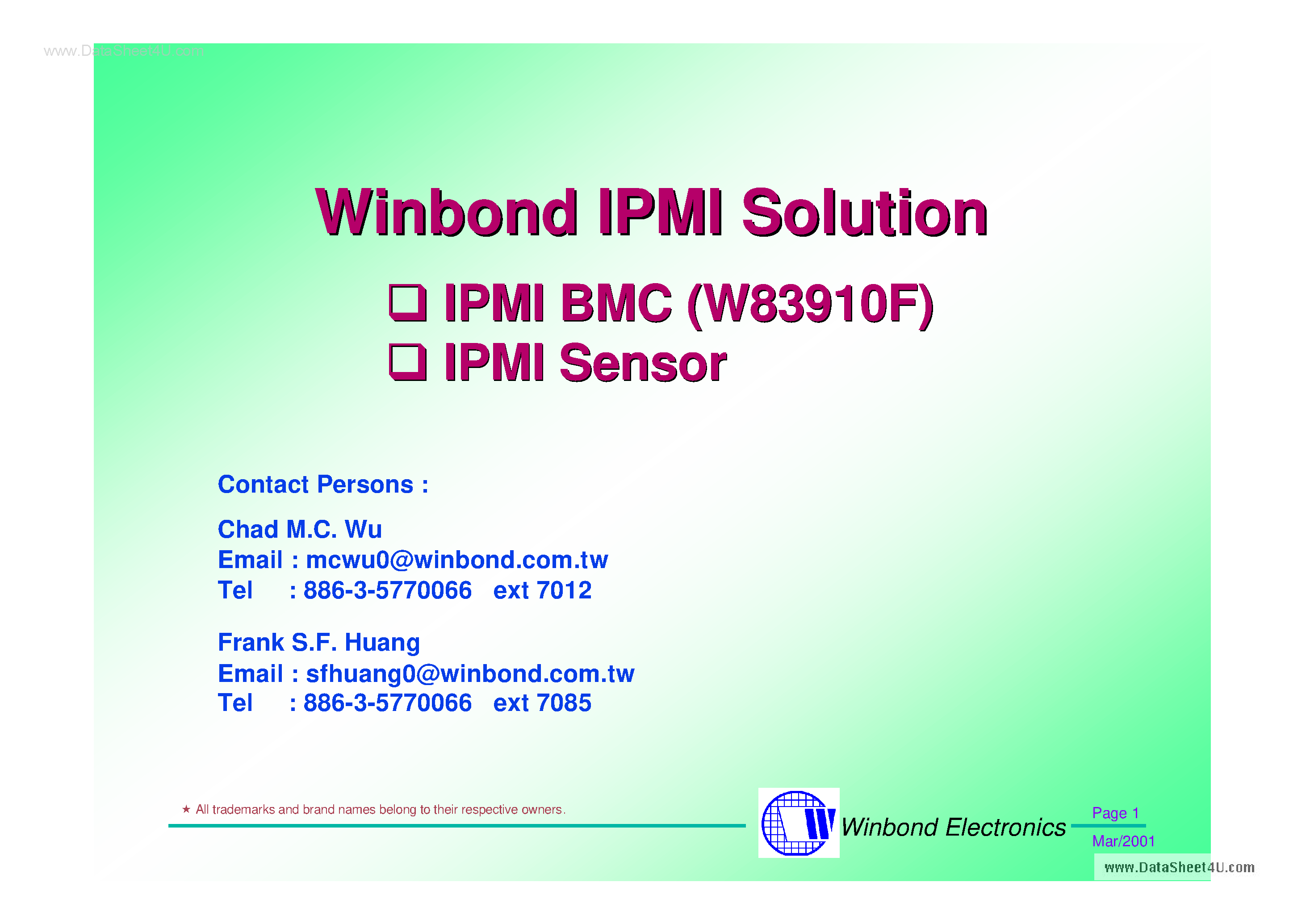 Datasheet W83910F - Ipmi BMC Plus H/w Monitor page 1