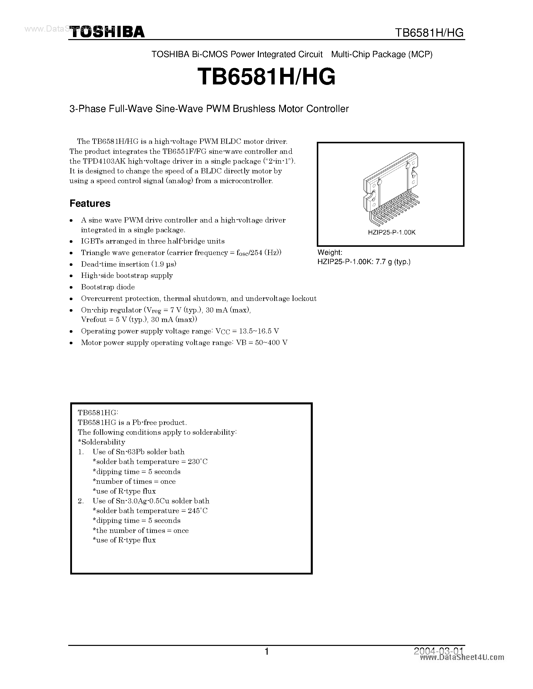 Datasheet TB6581H - 3-Phase Full-Wave Sine-Wave PWM Brushless Motor Controller page 1