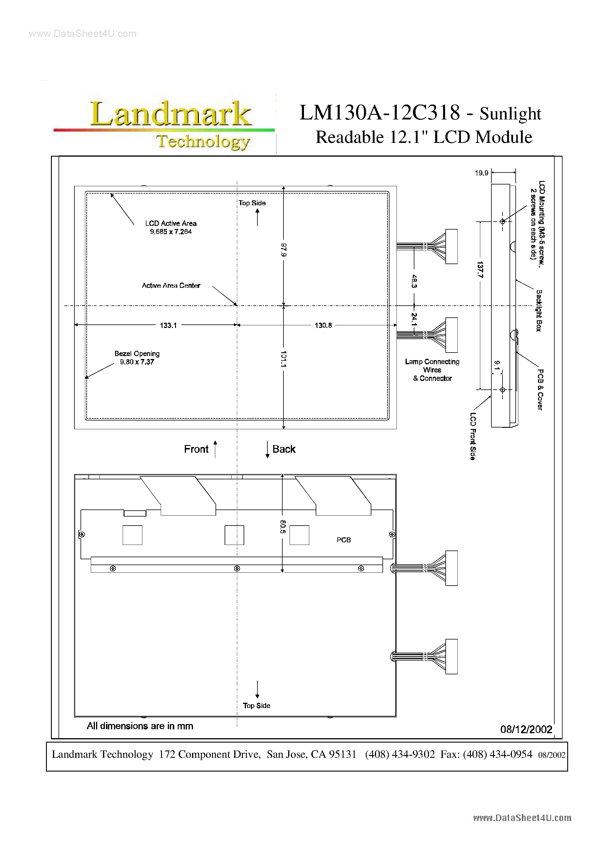 Datasheet LM130A-12C318 page 1 Datasheet LM130A-12C318 - Sunlight Readable 12.1 LCD Module page 1