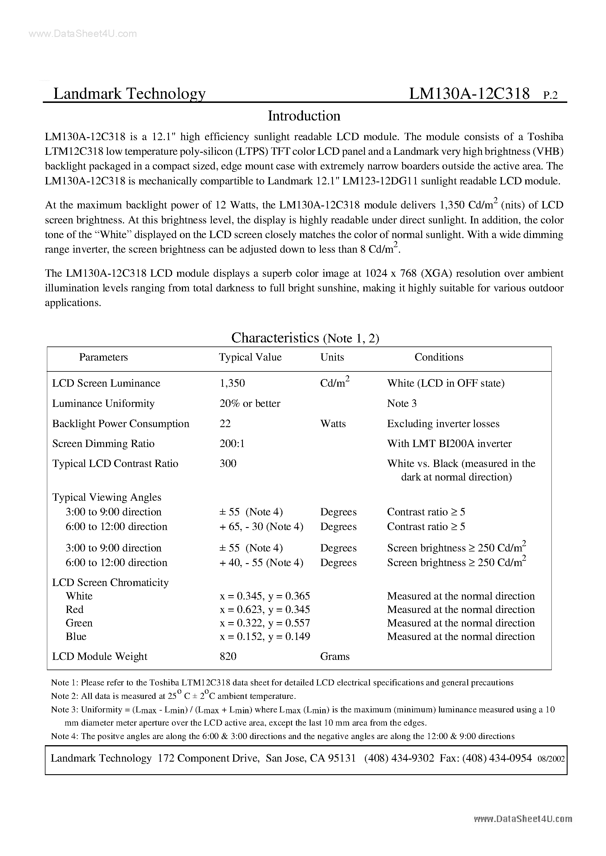 Datasheet LM130A-12C318 page 2 Datasheet LM130A-12C318 - Sunlight Readable 12.1 LCD Module page 2