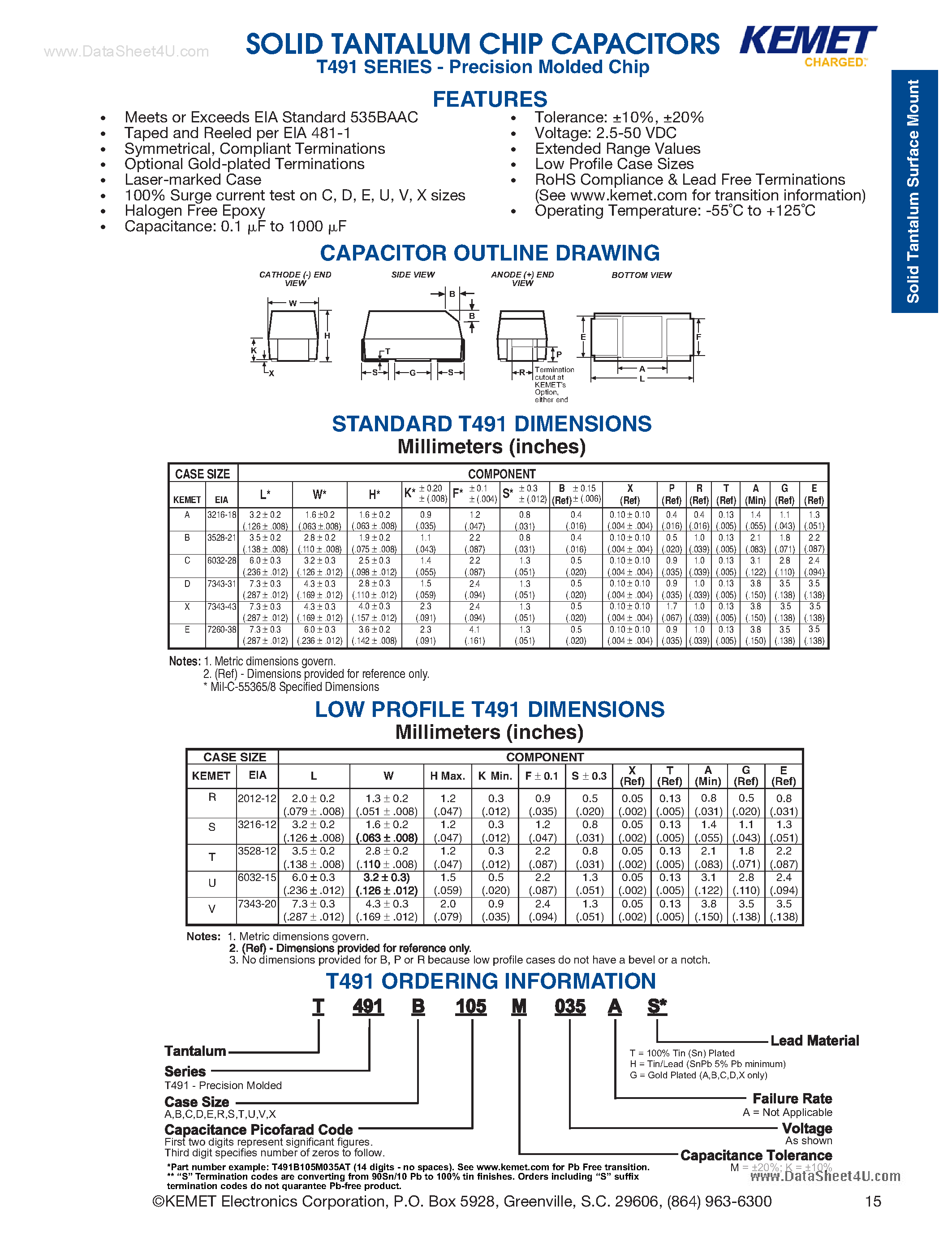 Datasheet T491A226M010AS page 1 Datasheet T491A226M010AS - Soild Tantalum Chip Capacitors page 1