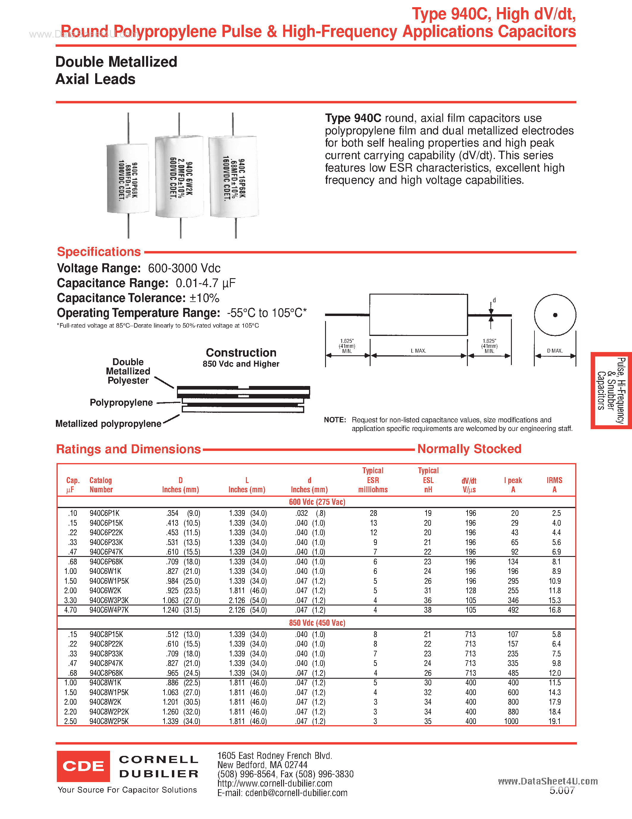 Datasheet 940C12P47K - (940C Series) Round PolyPropylene Pulse and Capacitors page 1