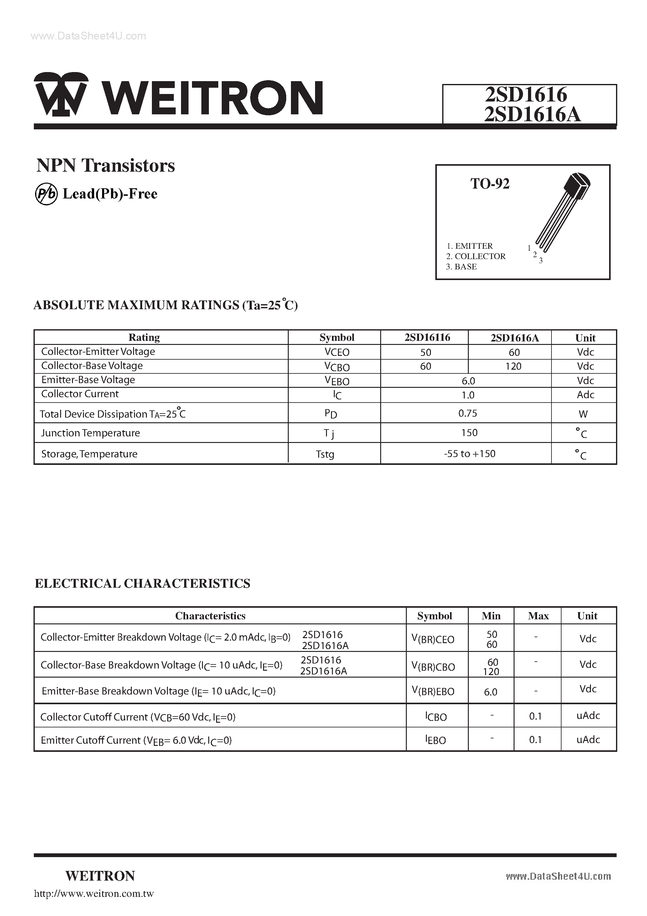 Datasheet 2SD1616 - NPN Transistors page 1