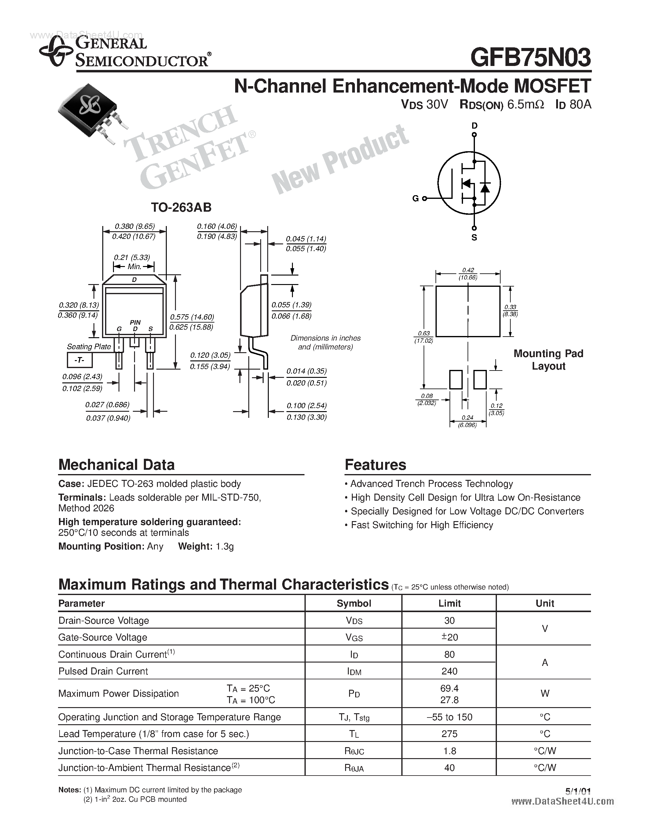Datasheet GFB75N03 - N-Channel Enhancement-Mode MOSFET page 1