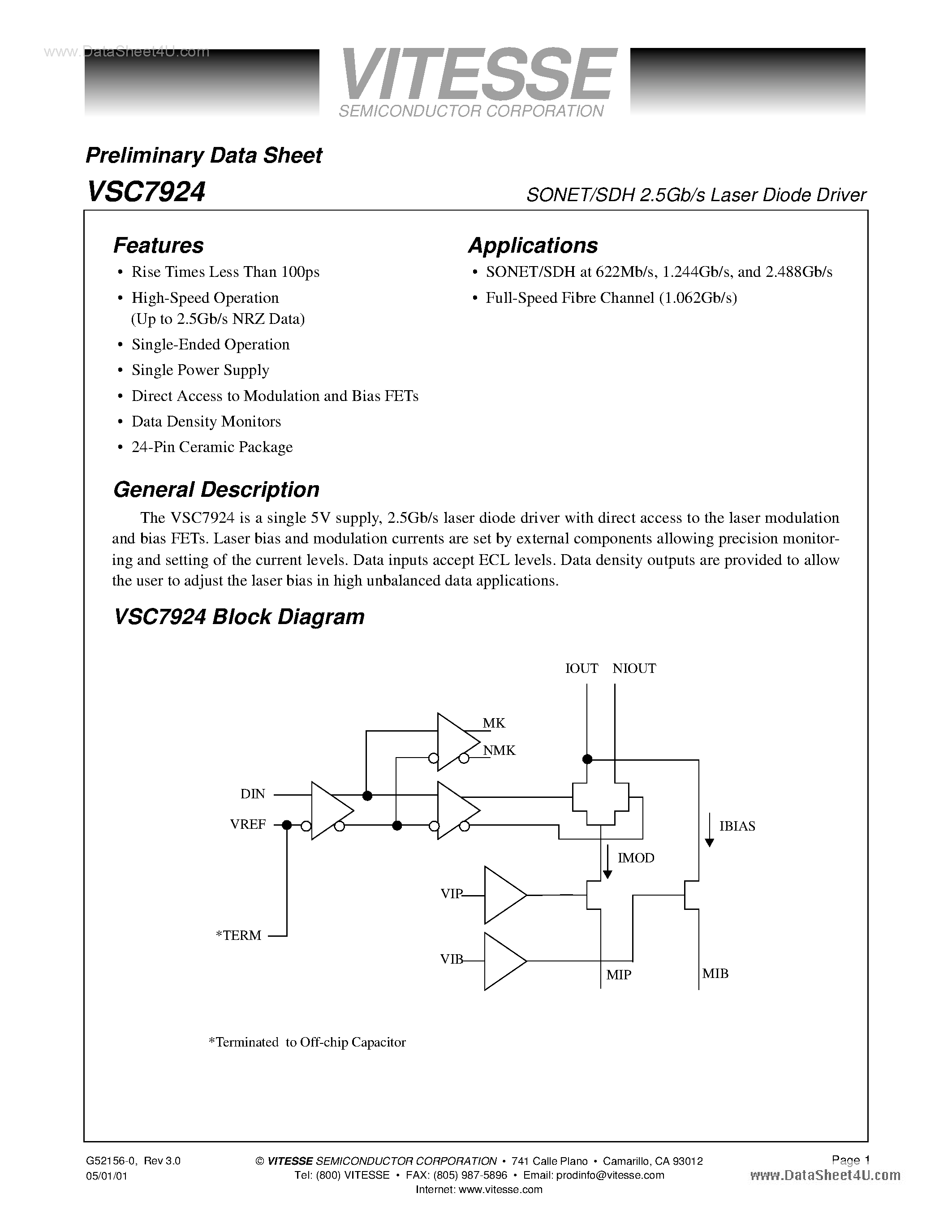 Datasheet VSC7924 - SONET/SDH 2.5Gb/s Laser Diode Driver page 1
