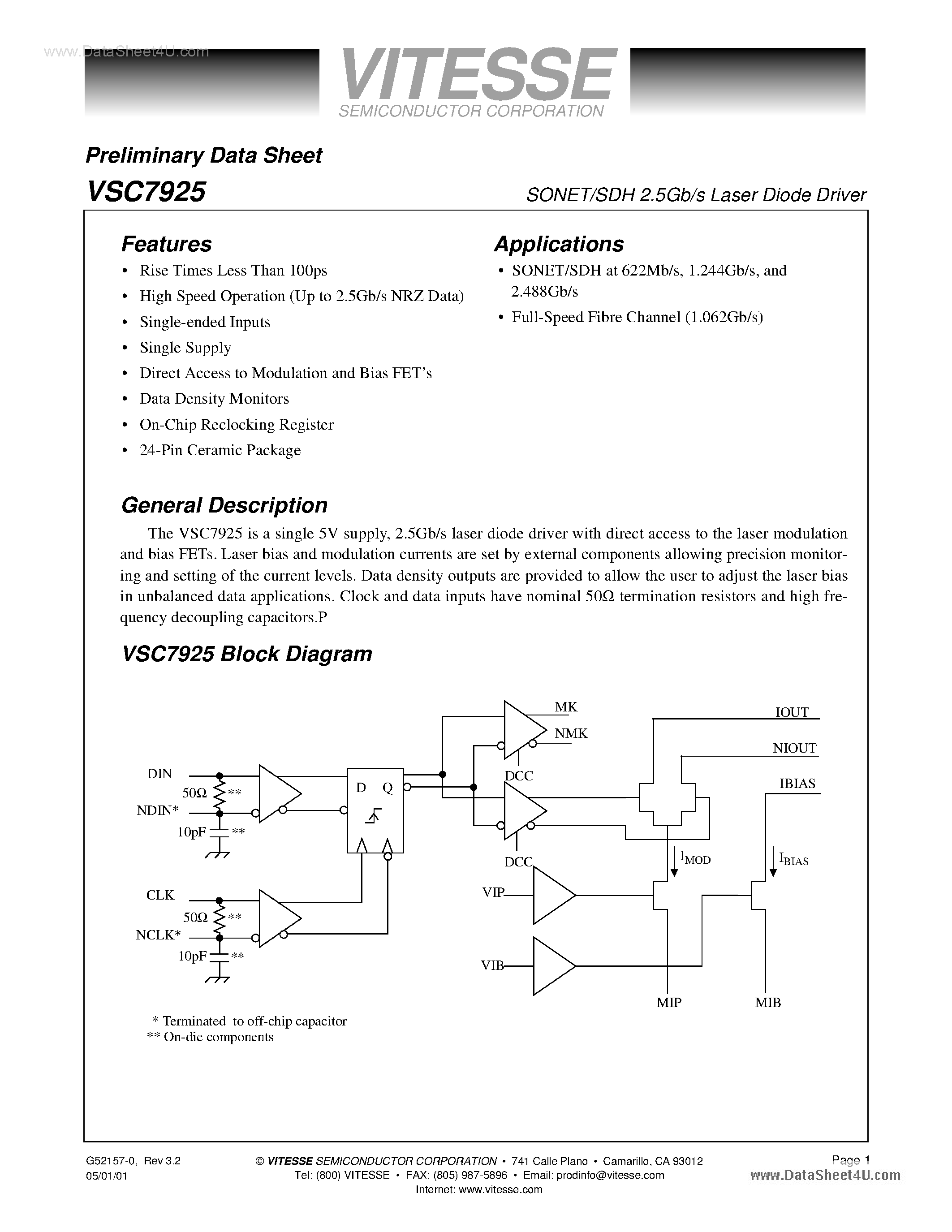 Datasheet VSC7925 - SONET/SDH 2.5Gb/s Laser Diode Driver page 1