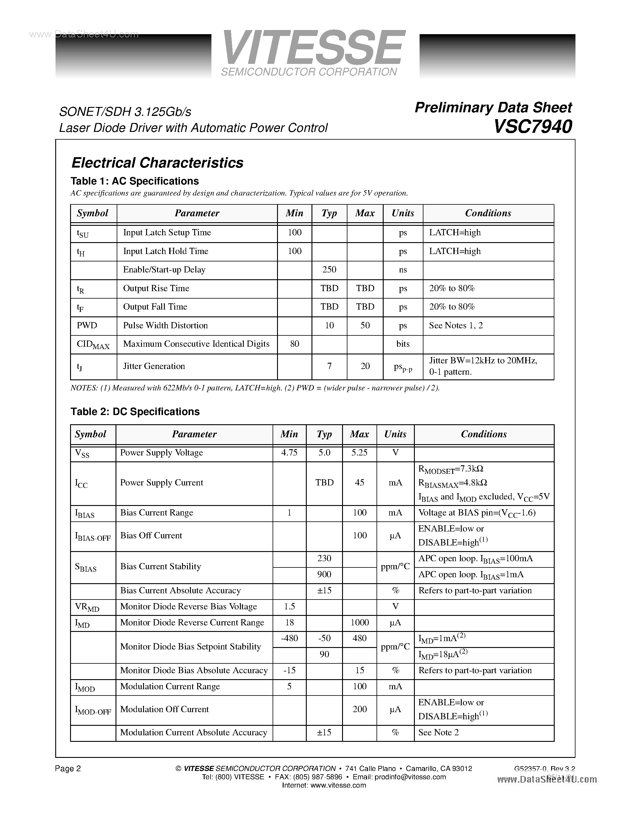 Datasheet VSC7940 - SONET/SDH 3.125Gb/s Laser Diode Driver page 2
