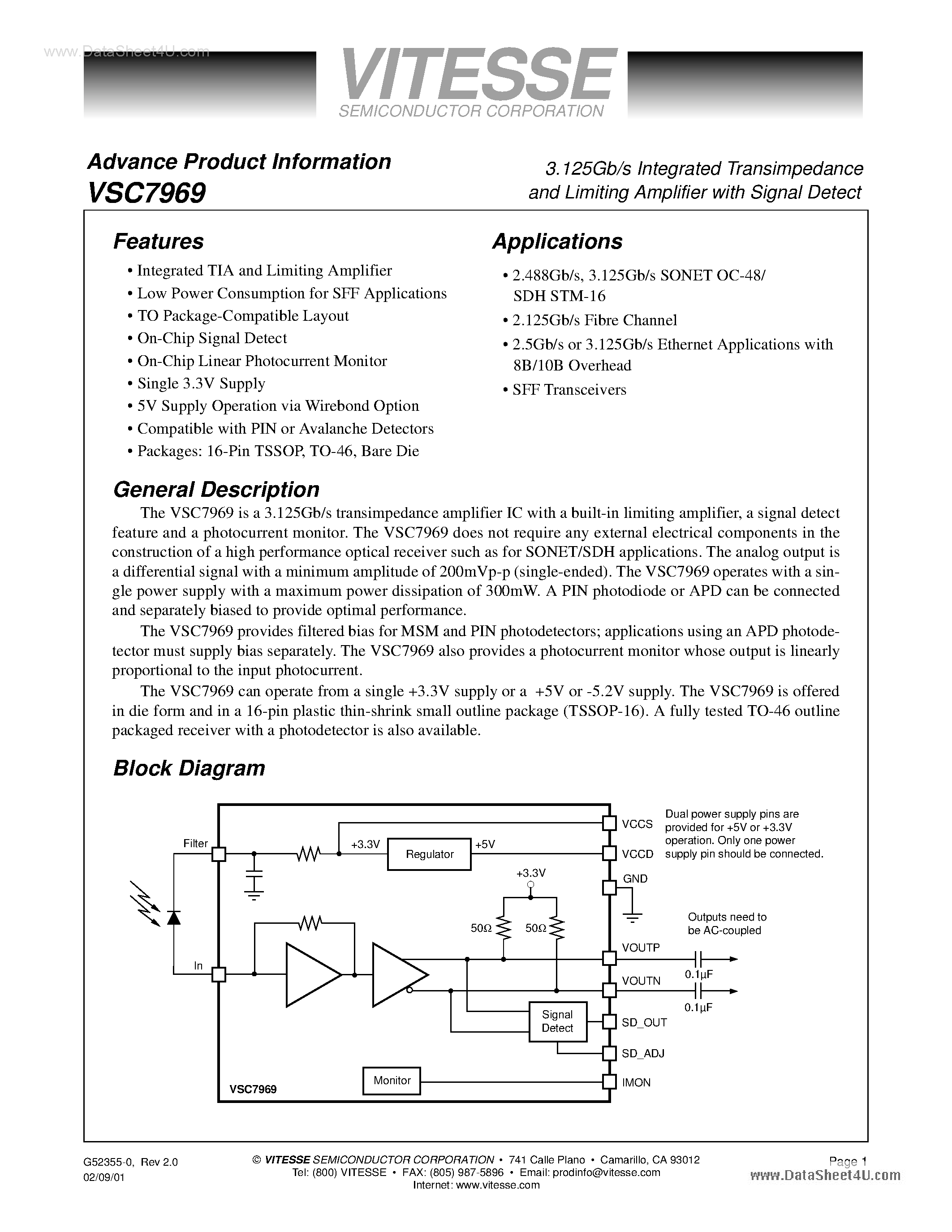 Datasheet VSC7969 page 1 Datasheet VSC7969 - 3.125Gb/s Integrated Transimpedance and Limiting Amplifier page 1