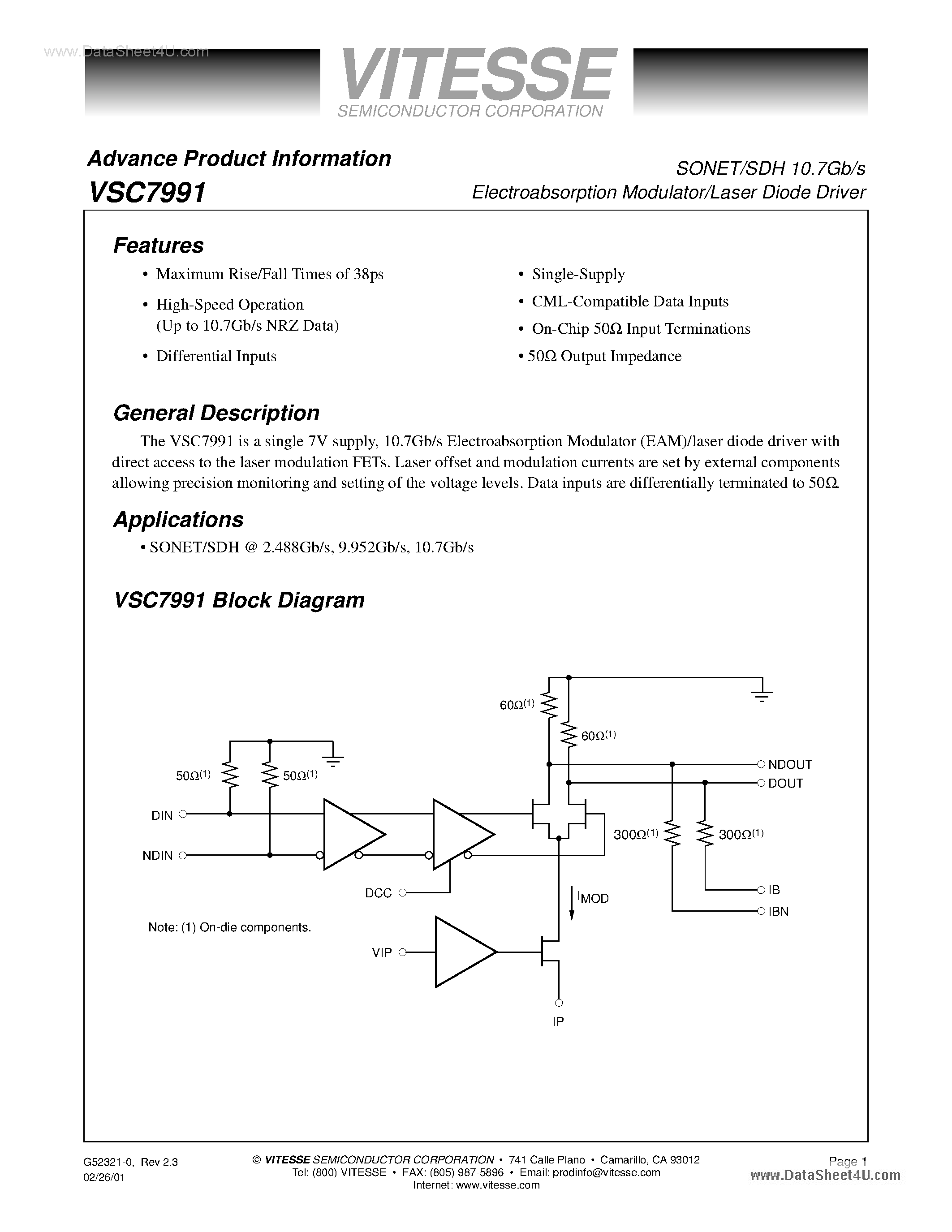 Datasheet VSC7991 - SONET/SDH 10.7Gb/s Electroabsorption Modulator/Laser Diode Driver page 1