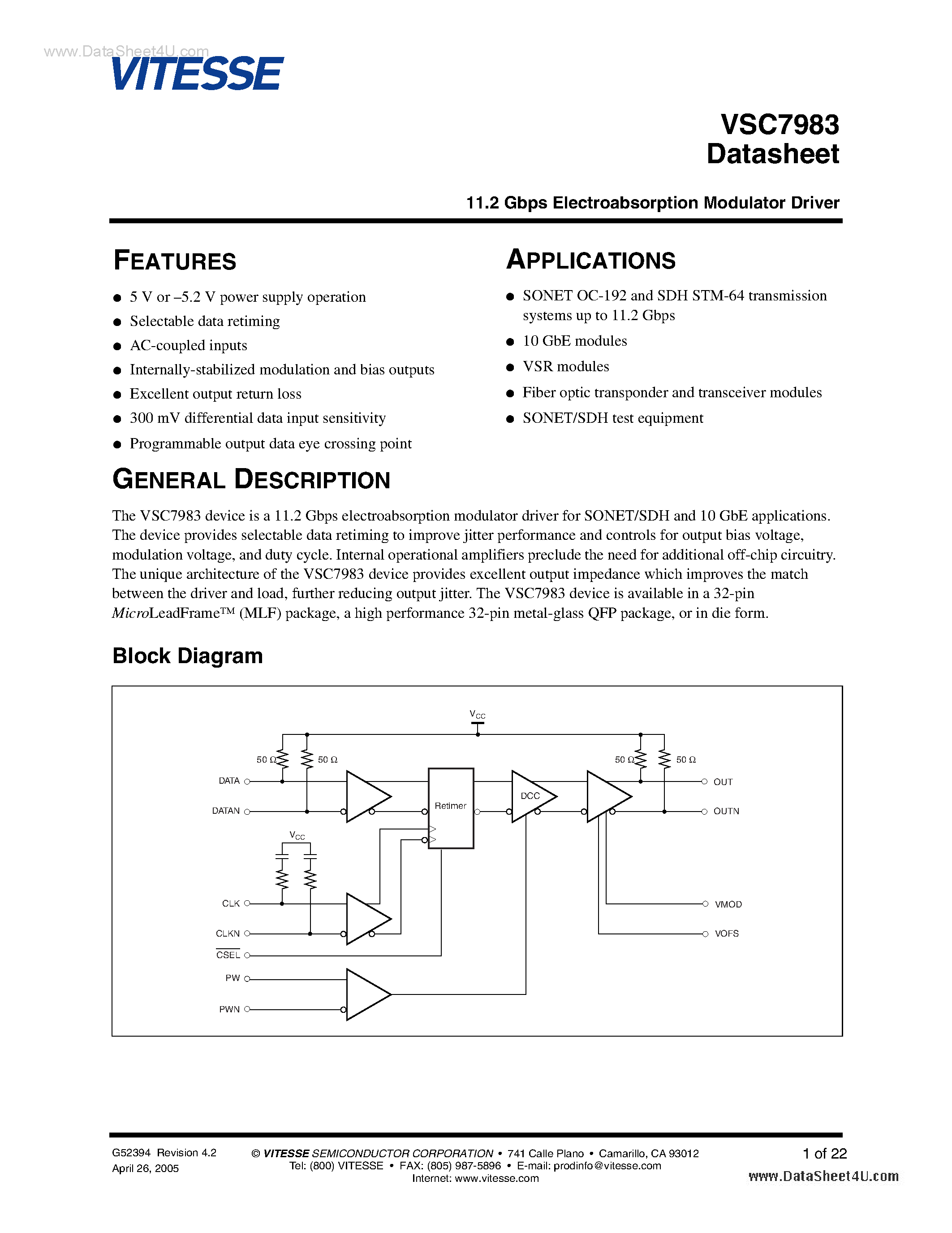 Datasheet VSC7983 - 11.3Gb/s Eml Driver page 1