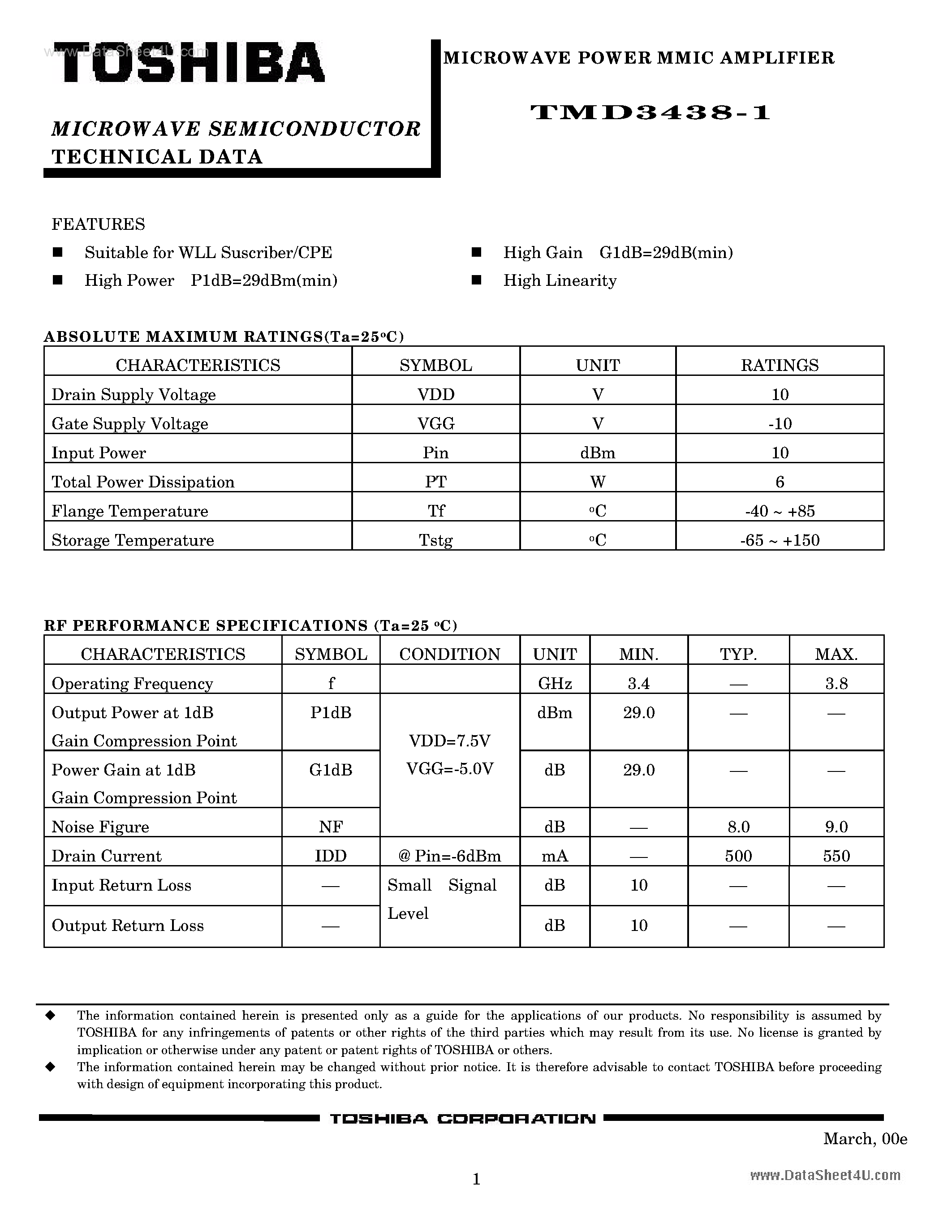 Datasheet TMD3438-1 - Microwave Power MMIC Amplifier page 1