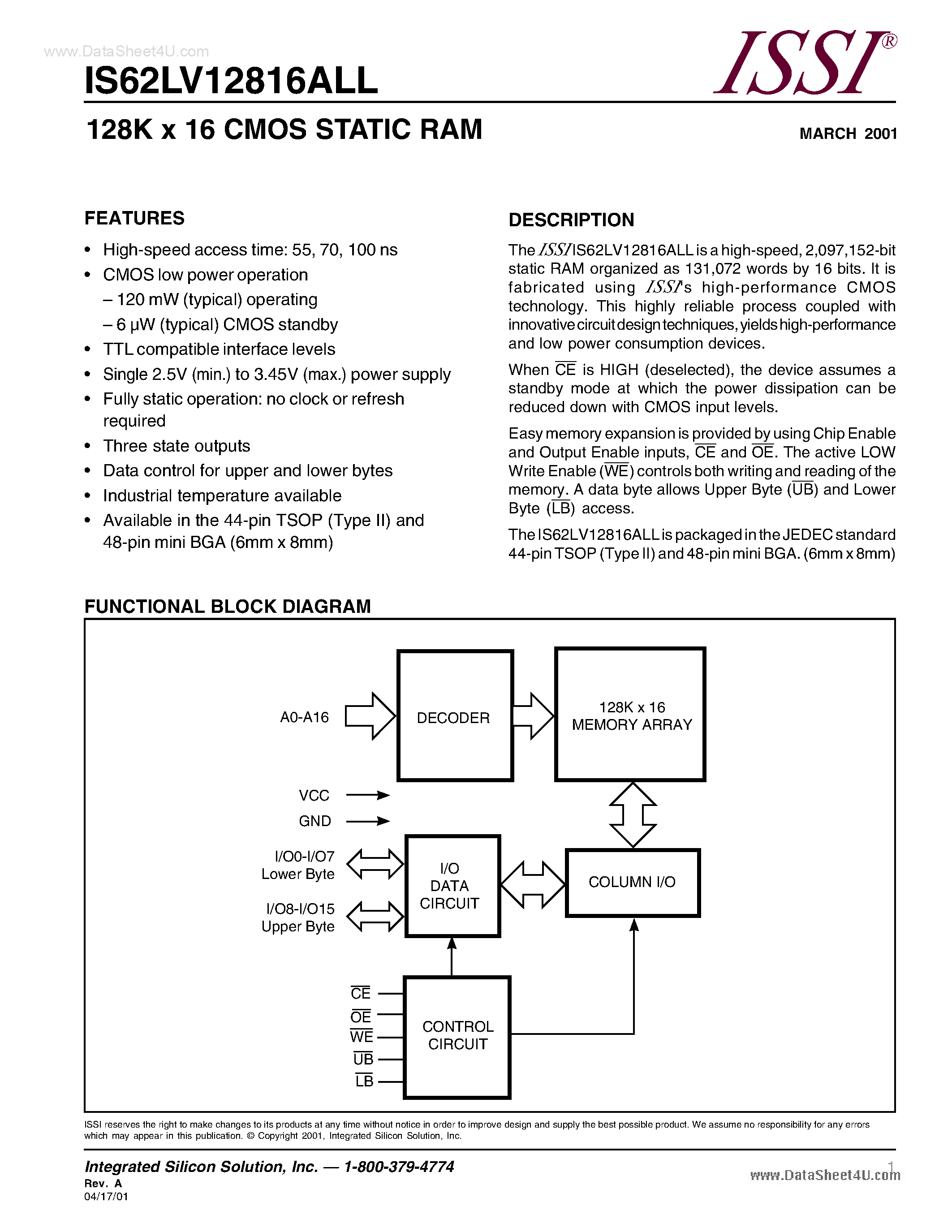 Даташит IS62LV12816ALL - 128K X 16 CMOS Static RAM страница 1