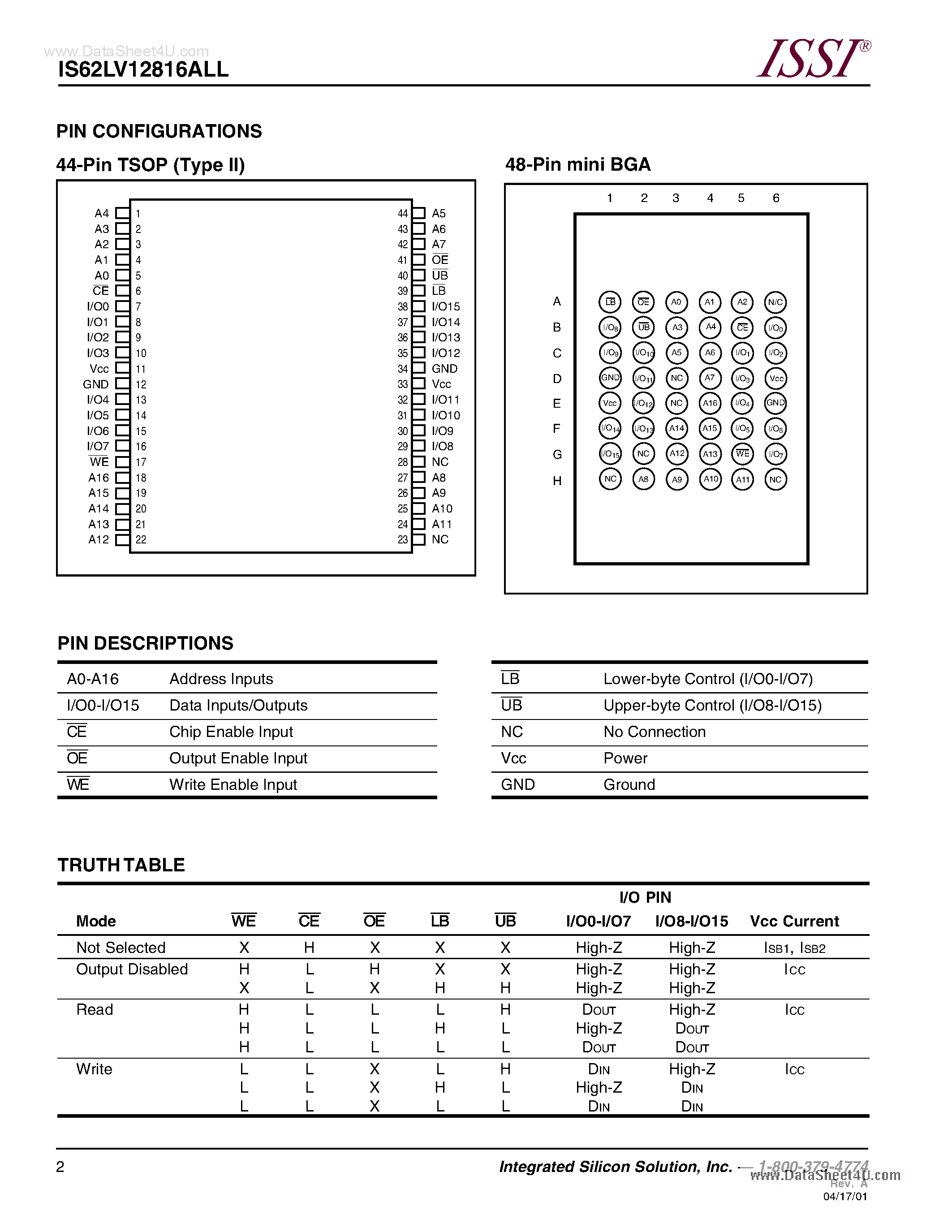 Даташит IS62LV12816ALL - 128K X 16 CMOS Static RAM страница 2