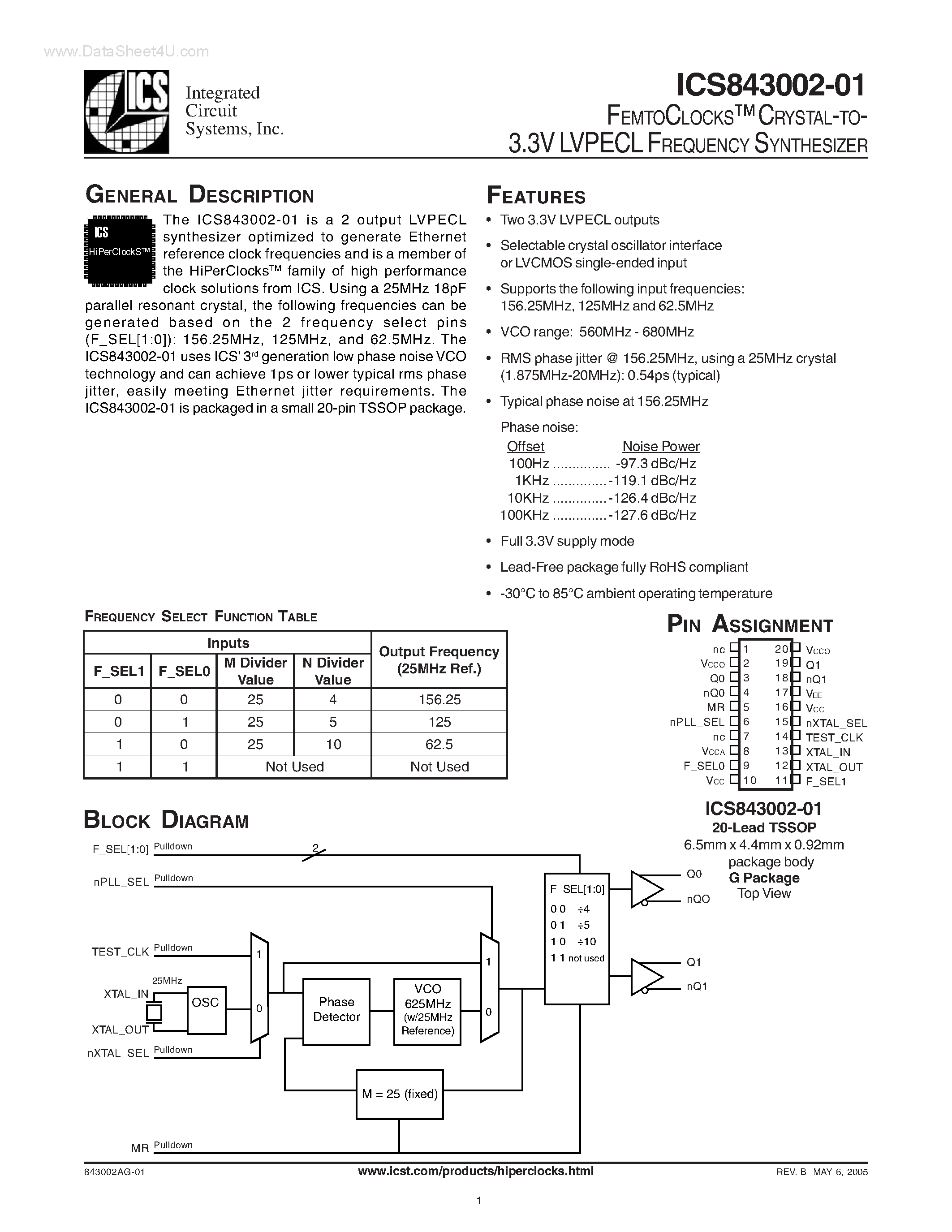 Даташит ICS43002-01 - CRYSTAL-TO-3.3V LVPECL FREQUENCY SYNTHESIZER страница 1