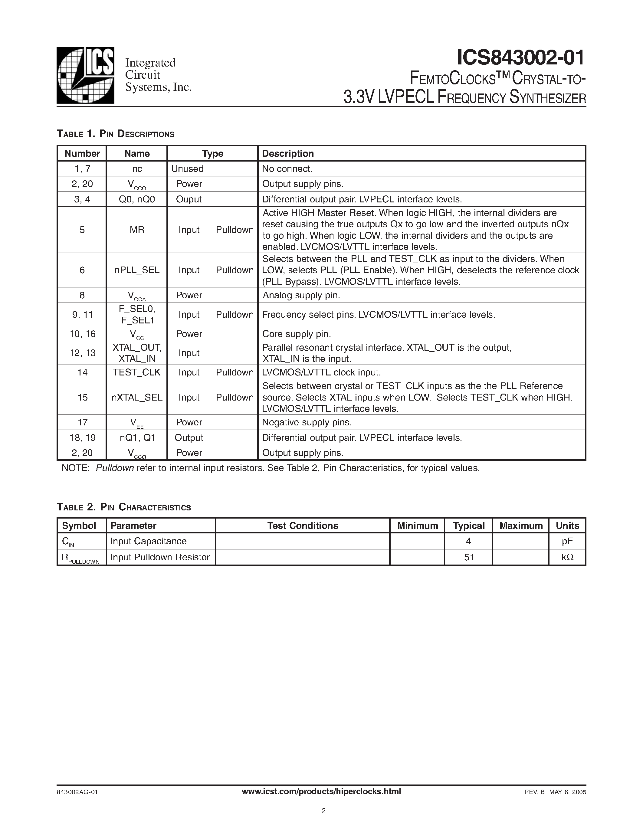 Даташит ICS43002-01 - CRYSTAL-TO-3.3V LVPECL FREQUENCY SYNTHESIZER страница 2
