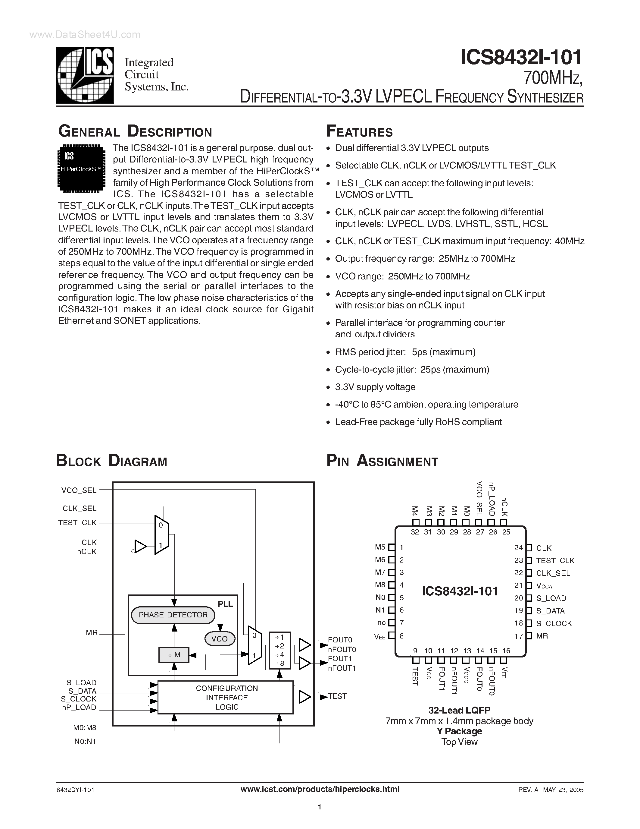 Даташит ICS432I-101 - DIFFERENTIAL-TO-3.3V LVPECL FREQUENCY SYNTHESIZER страница 1