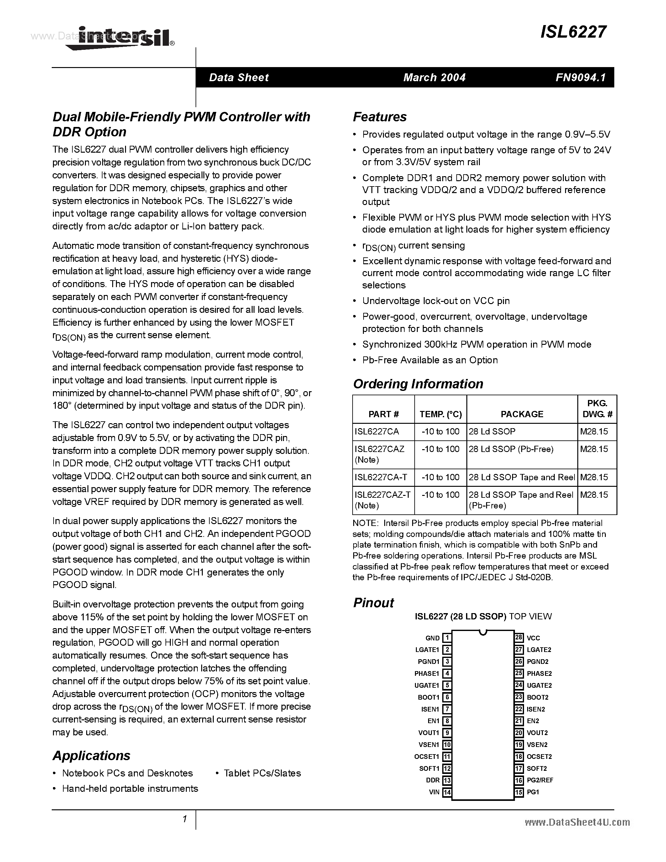 Datasheet 6227CA - Search -----> ISL6227CA page 1