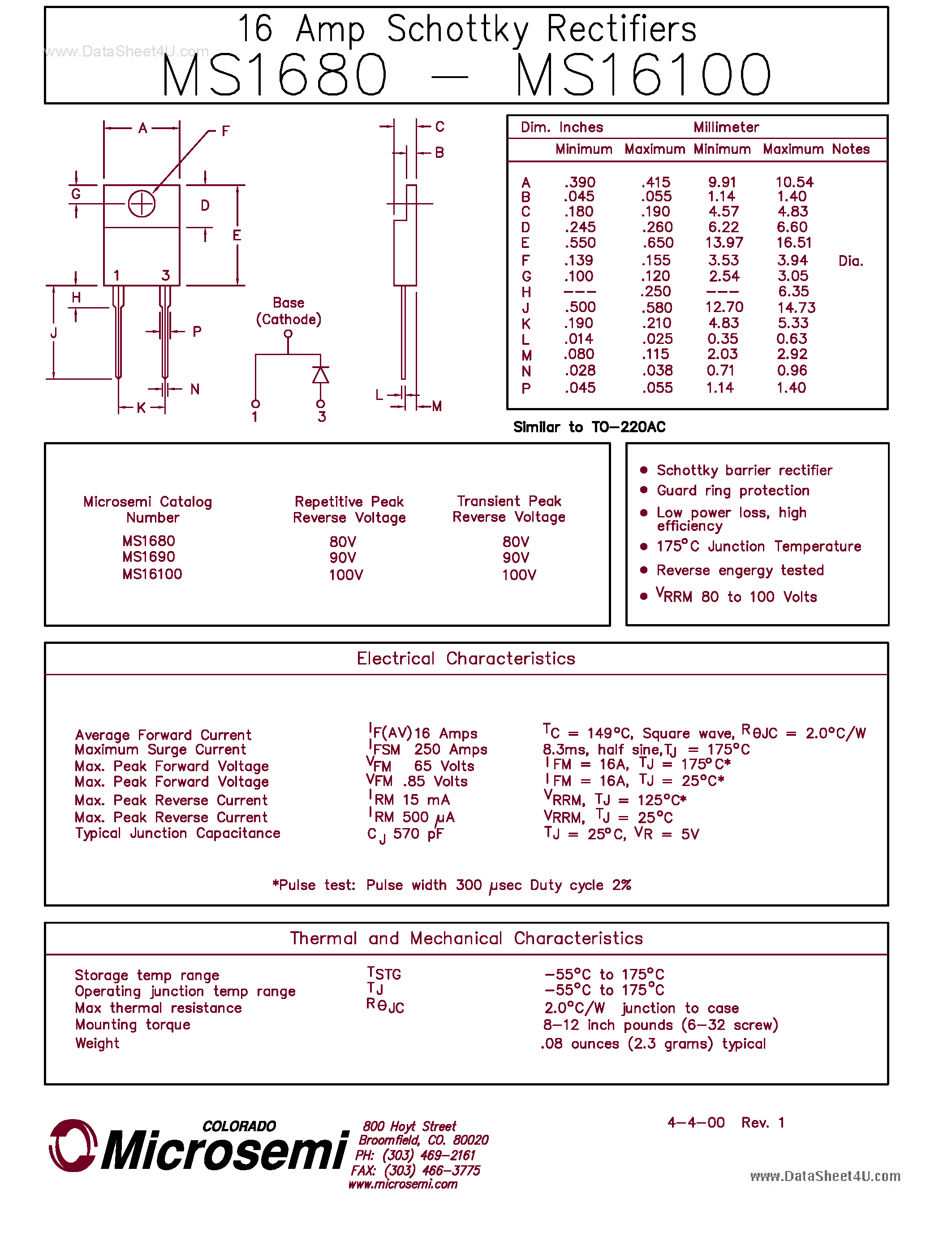 Даташит MS16100 - (MS1680 - MS16100) 16 AMP SCHOTTKY RECTIFIER страница 1