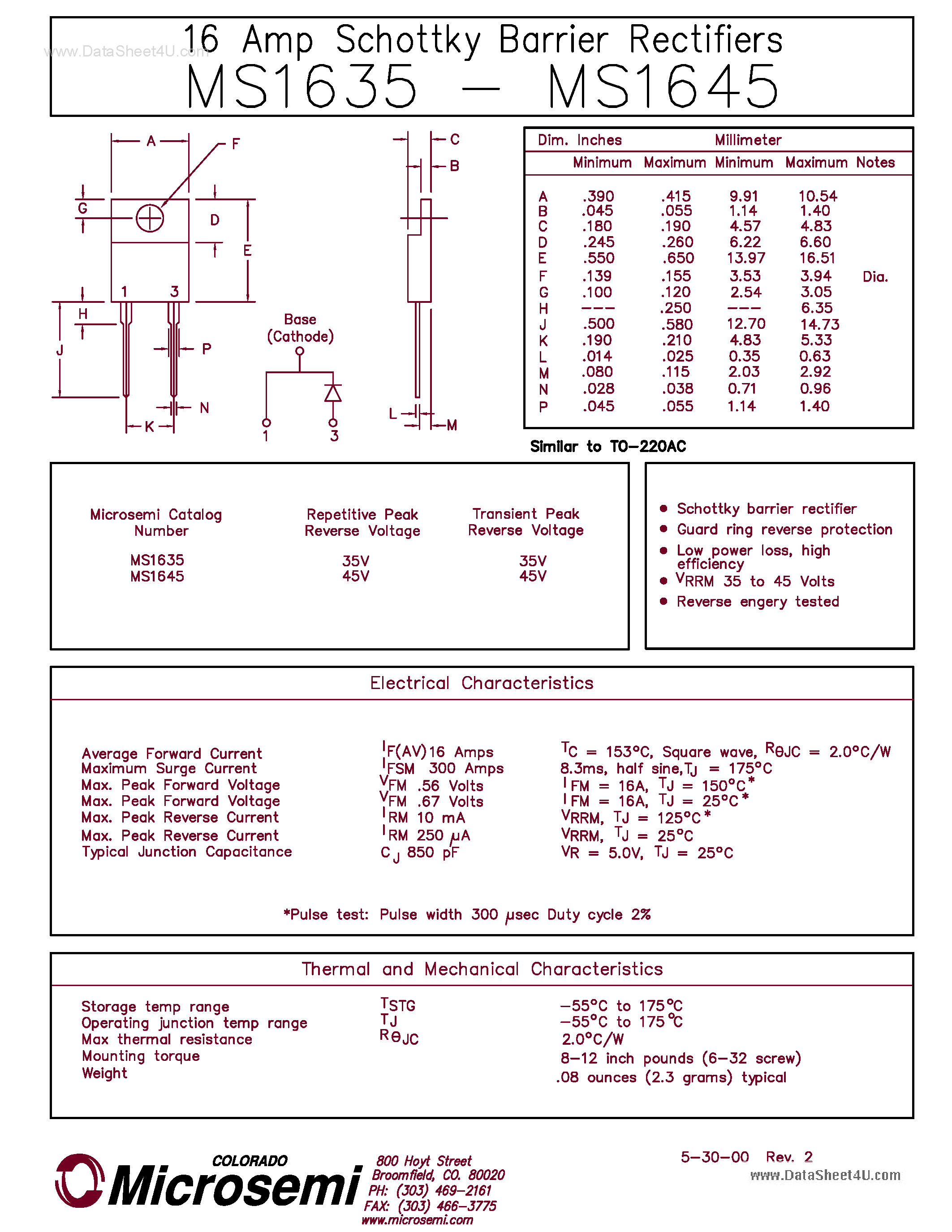 Даташит MS1635 - (MS1635 - MS1645) 16 AMP SCHOTTKY BARRIER RECTIFIER страница 1