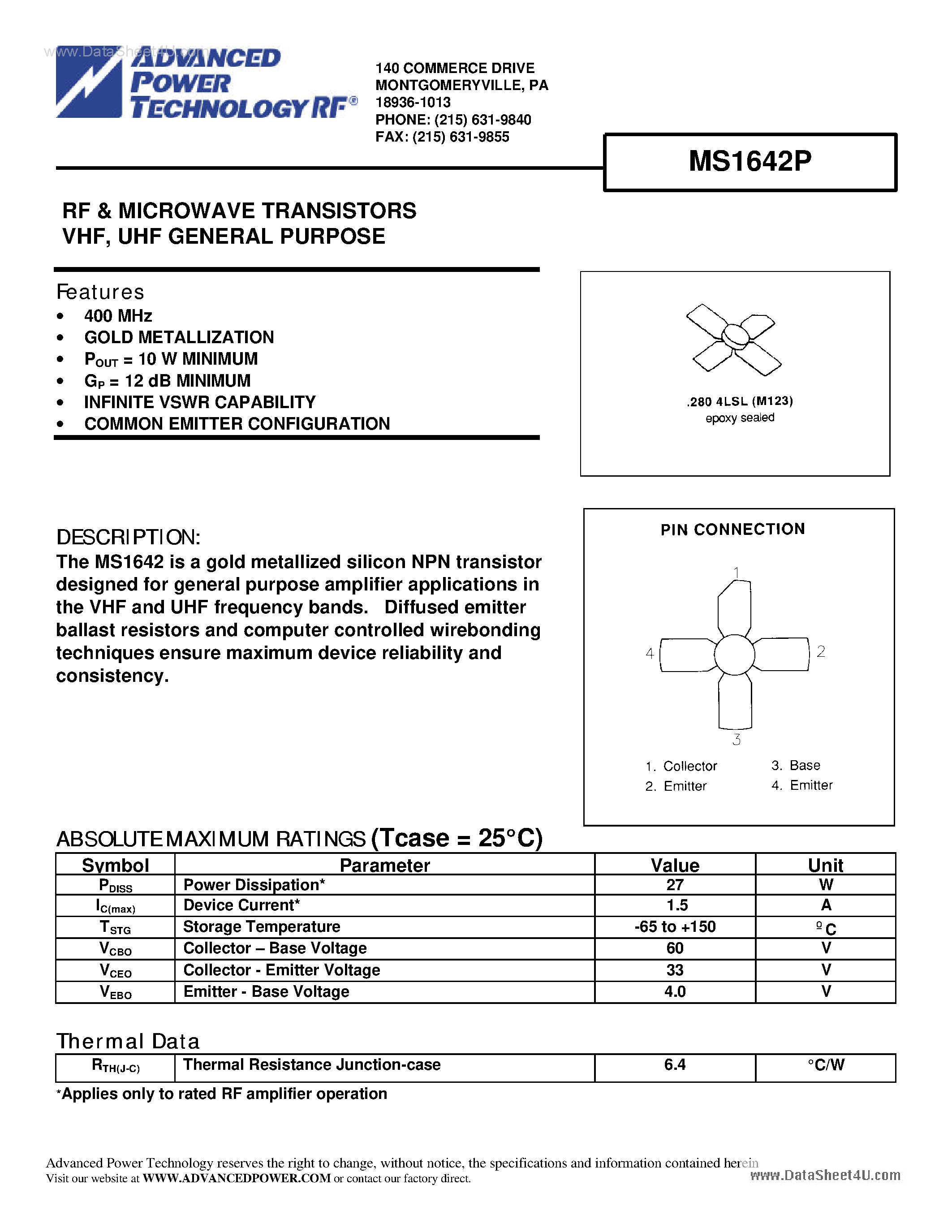 Datasheet MS1642P - RF & MICROWAVE TRANSISTORS page 1