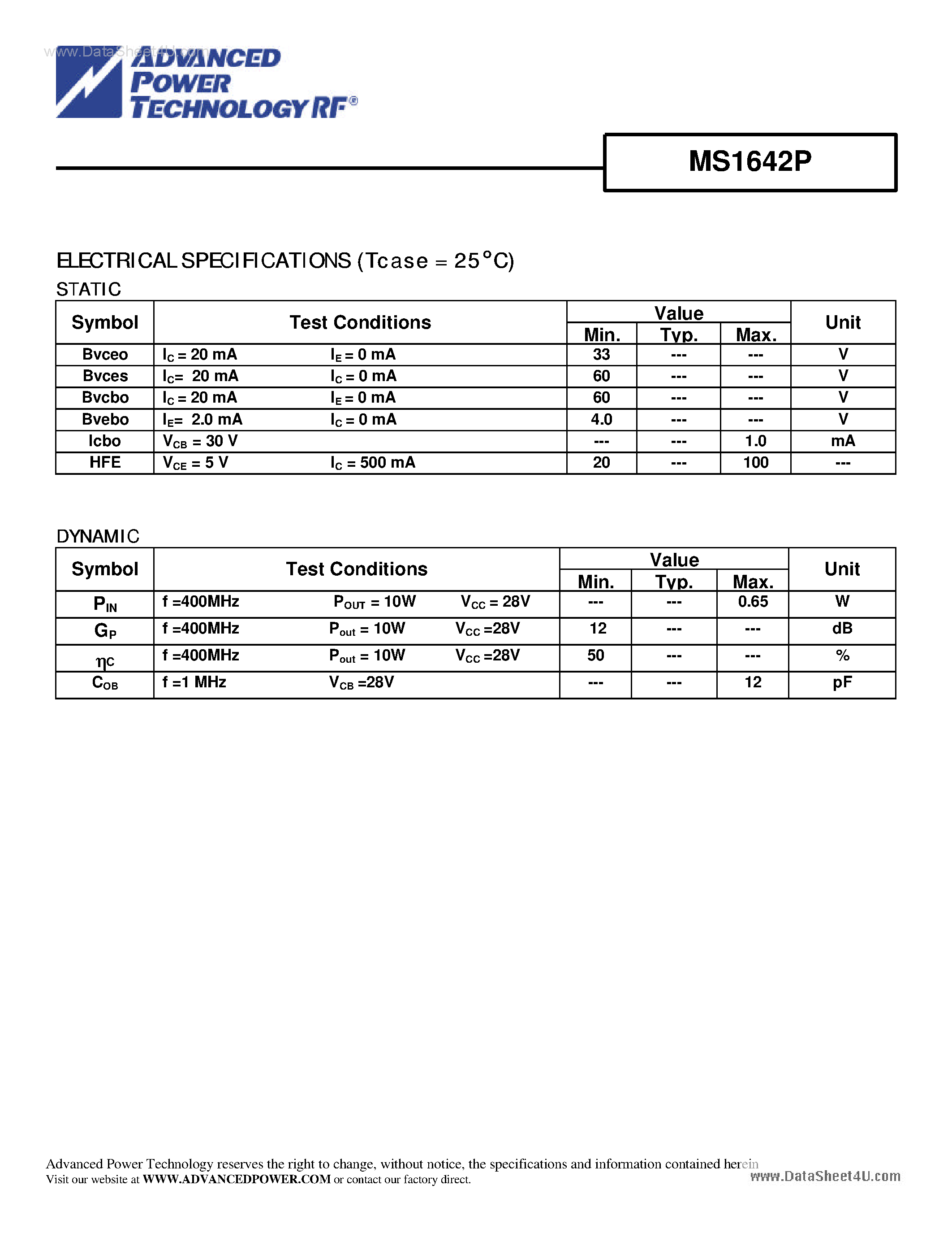 Datasheet MS1642P - RF & MICROWAVE TRANSISTORS page 2