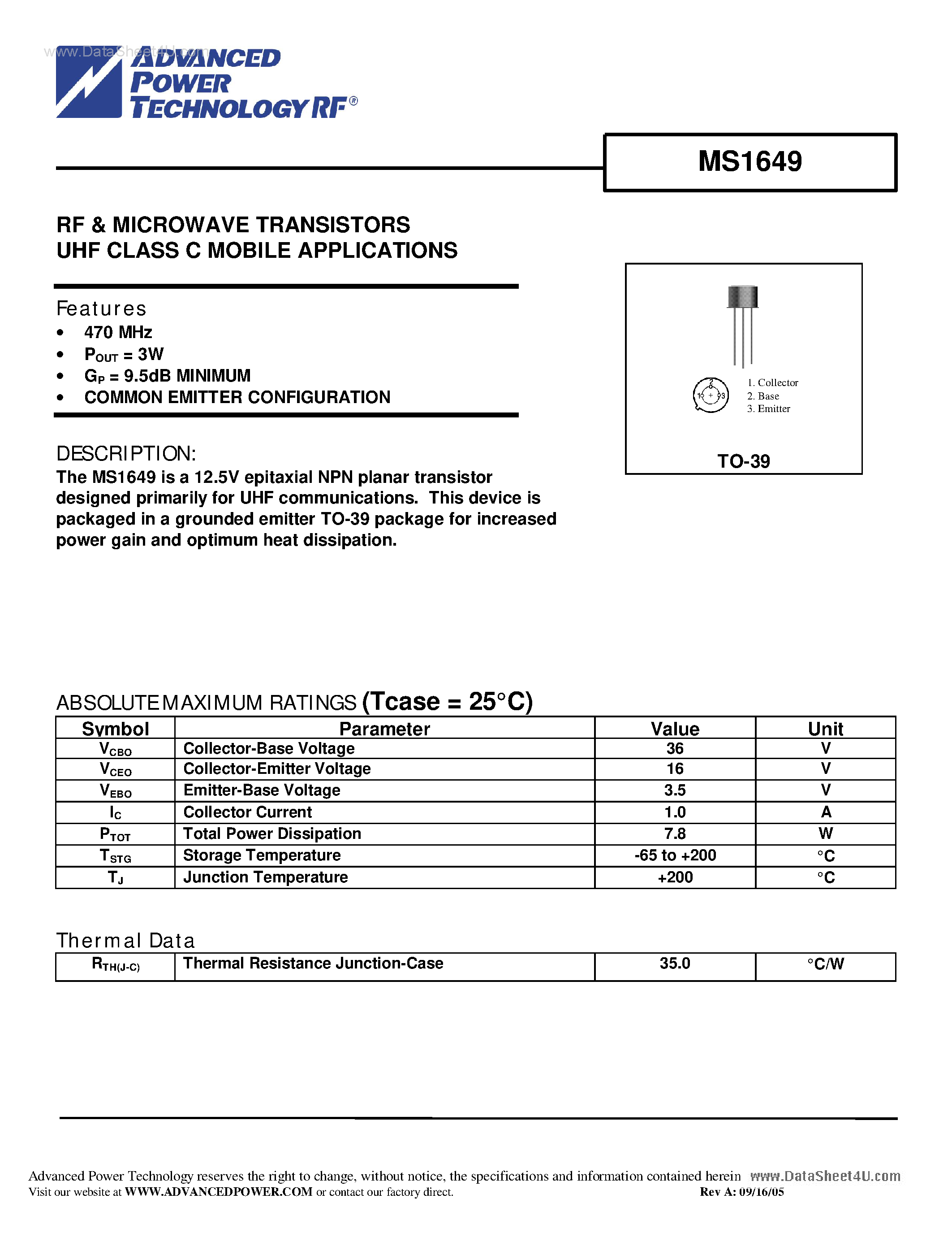 Даташит MS1649 - RF & MICROWAVE TRANSISTORS страница 1