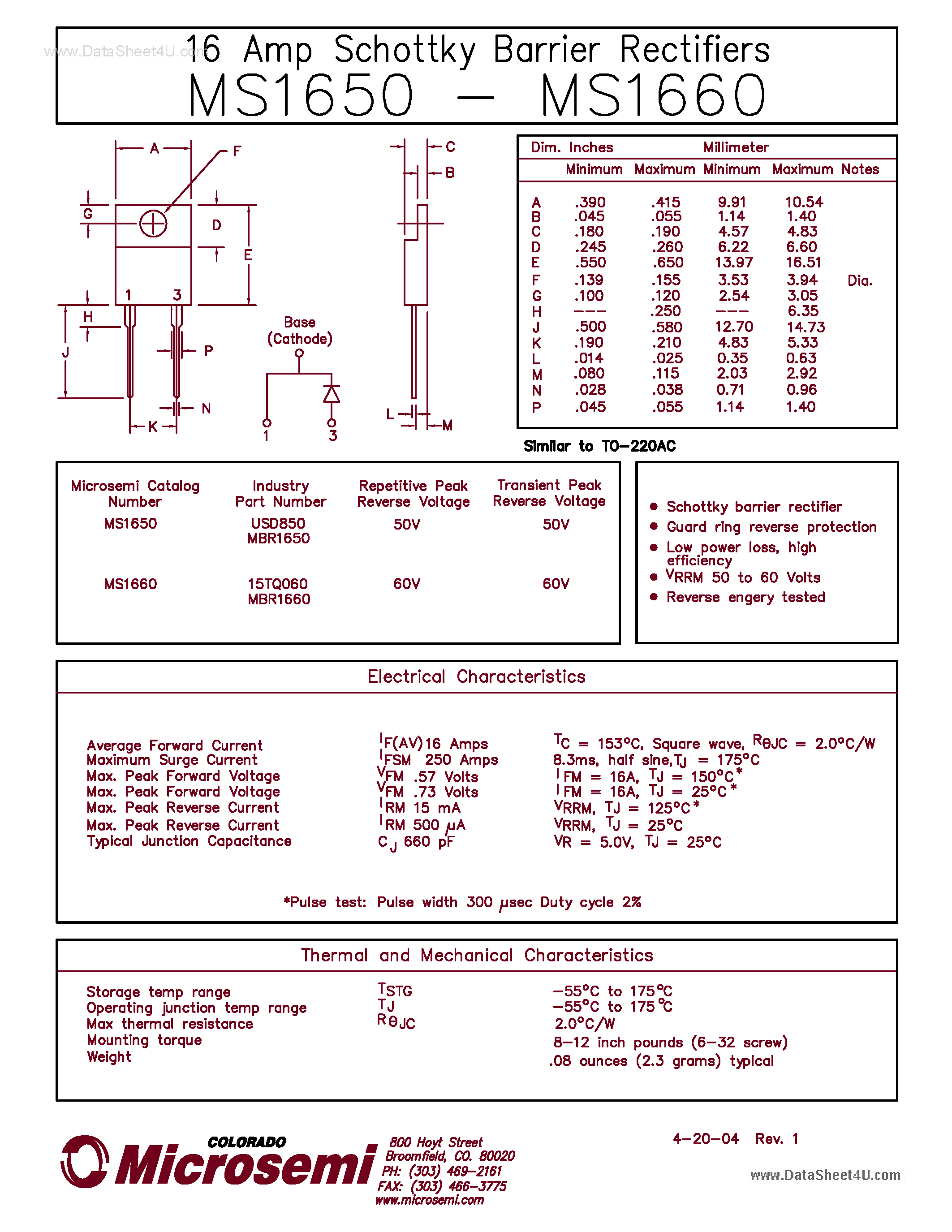 Datasheet MS1650 page 1 Datasheet MS1650 - (MS1650 - MS1660) 16 Amp Schottky Barrier Rectifiers page 1