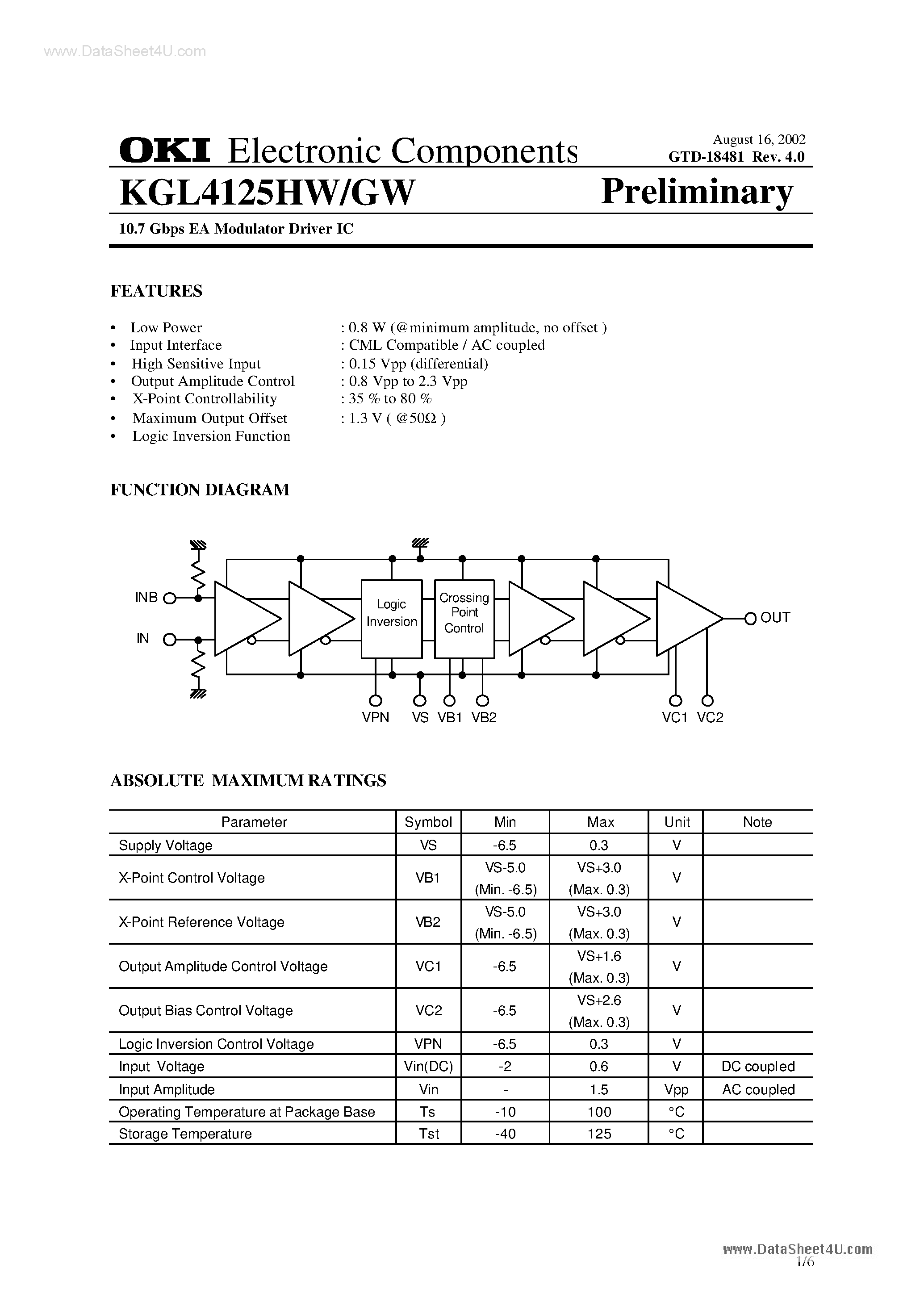 Datasheet KGL4125GW page 1 Datasheet KGL4125GW - 10.7 GBPS ea Modulator Driver ic page 1