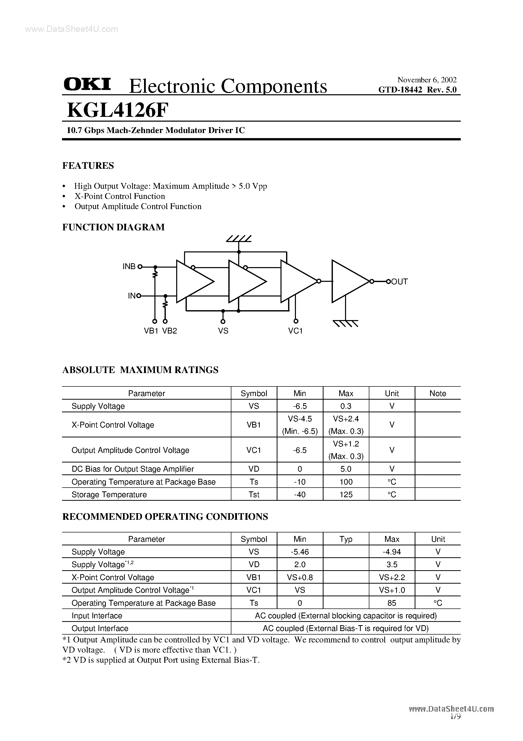 Datasheet KGL4126F - 10.7 GBPS Mach-zehnder Modulator Driver ic page 1