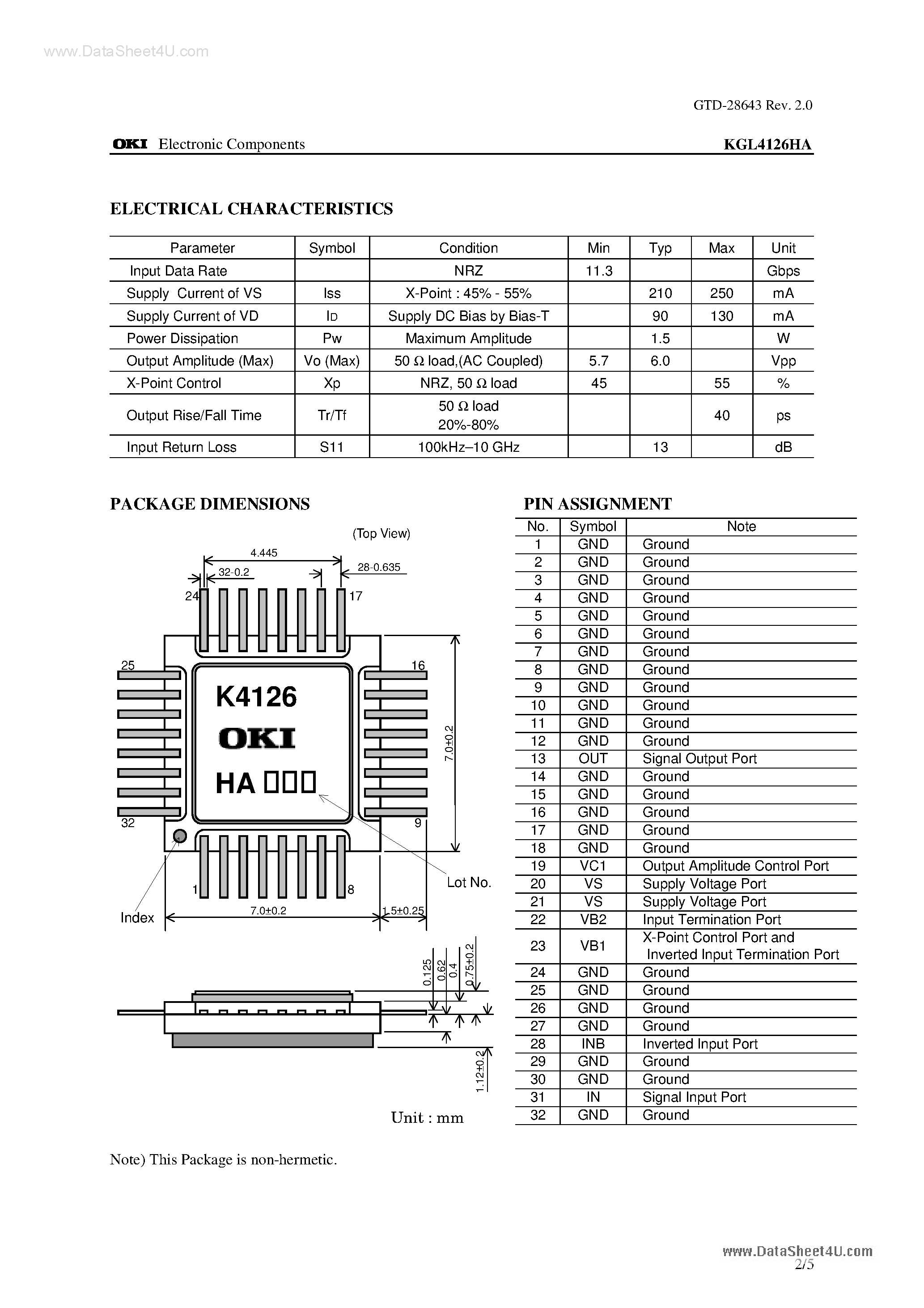 Datasheet KGL4126HA - 11.3 GBPS Mach-zehnder Modulator Driver ic page 2