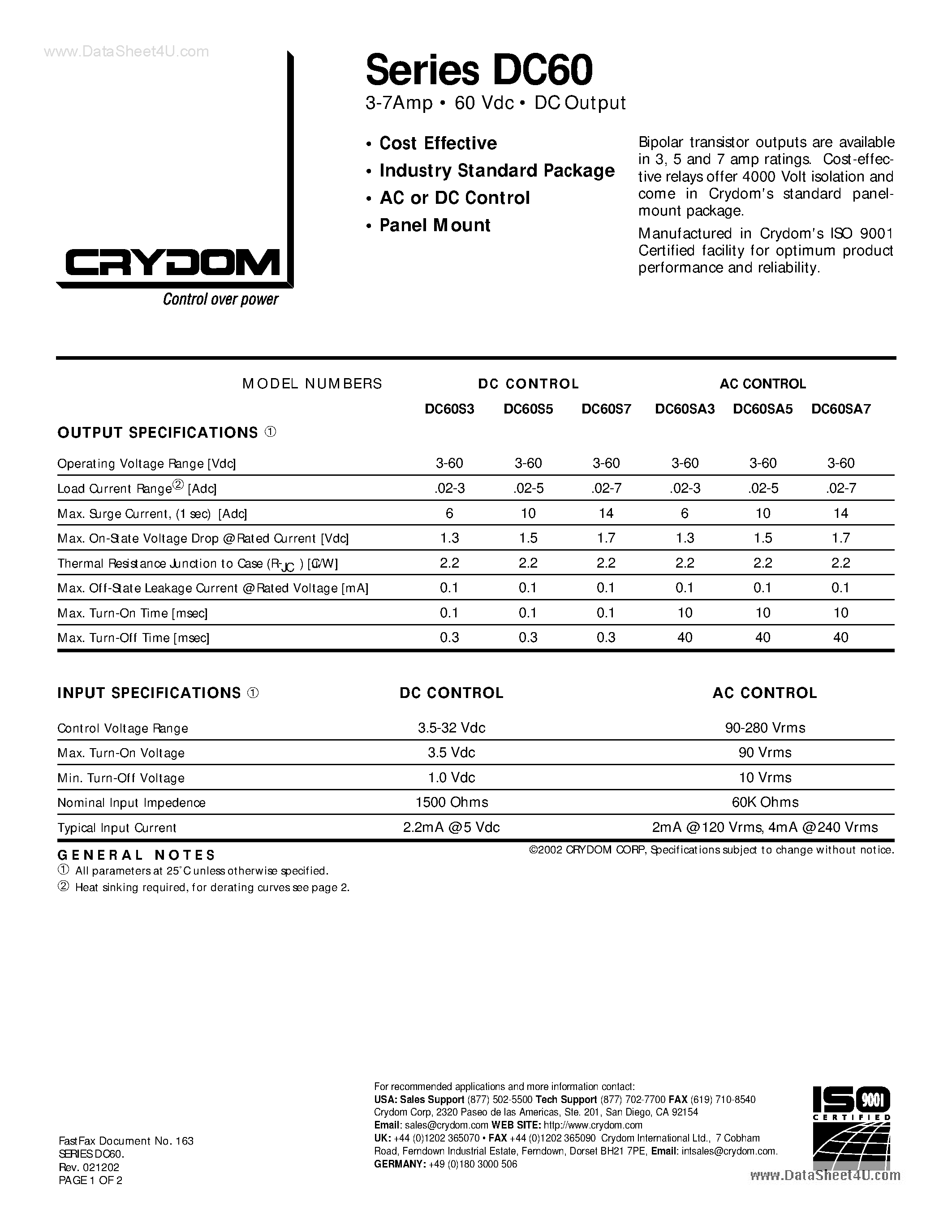 Datasheet DC60 page 1 Datasheet DC60 - 3-7Amp 60 Vdc DC Output page 1