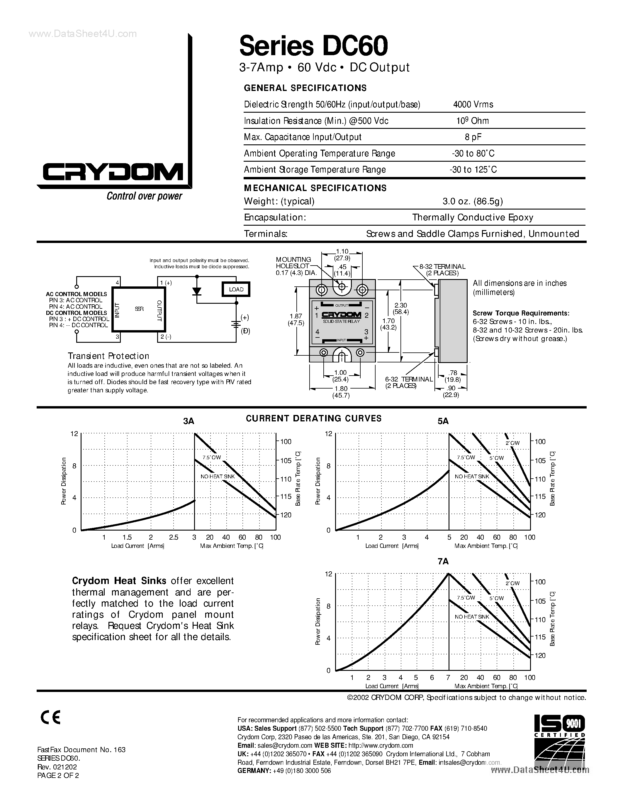 Datasheet DC60 page 2 Datasheet DC60 - 3-7Amp 60 Vdc DC Output page 2
