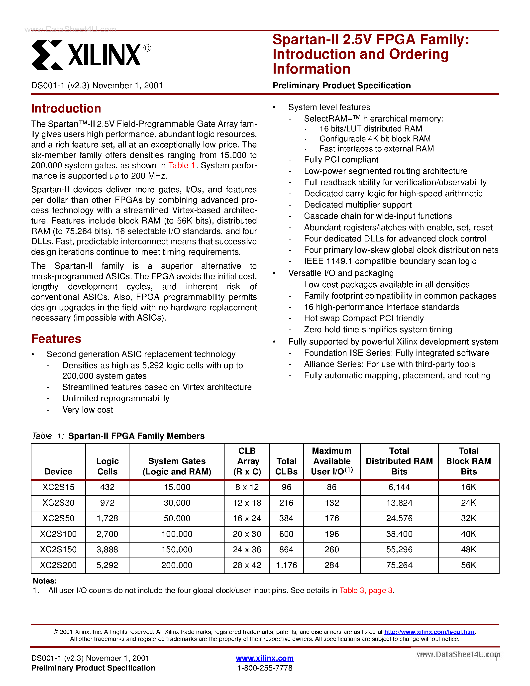 Datasheet XC2S15-xxxx - Spartan-II 2.5V FPGA Family:Introduction and Ordering Information page 1