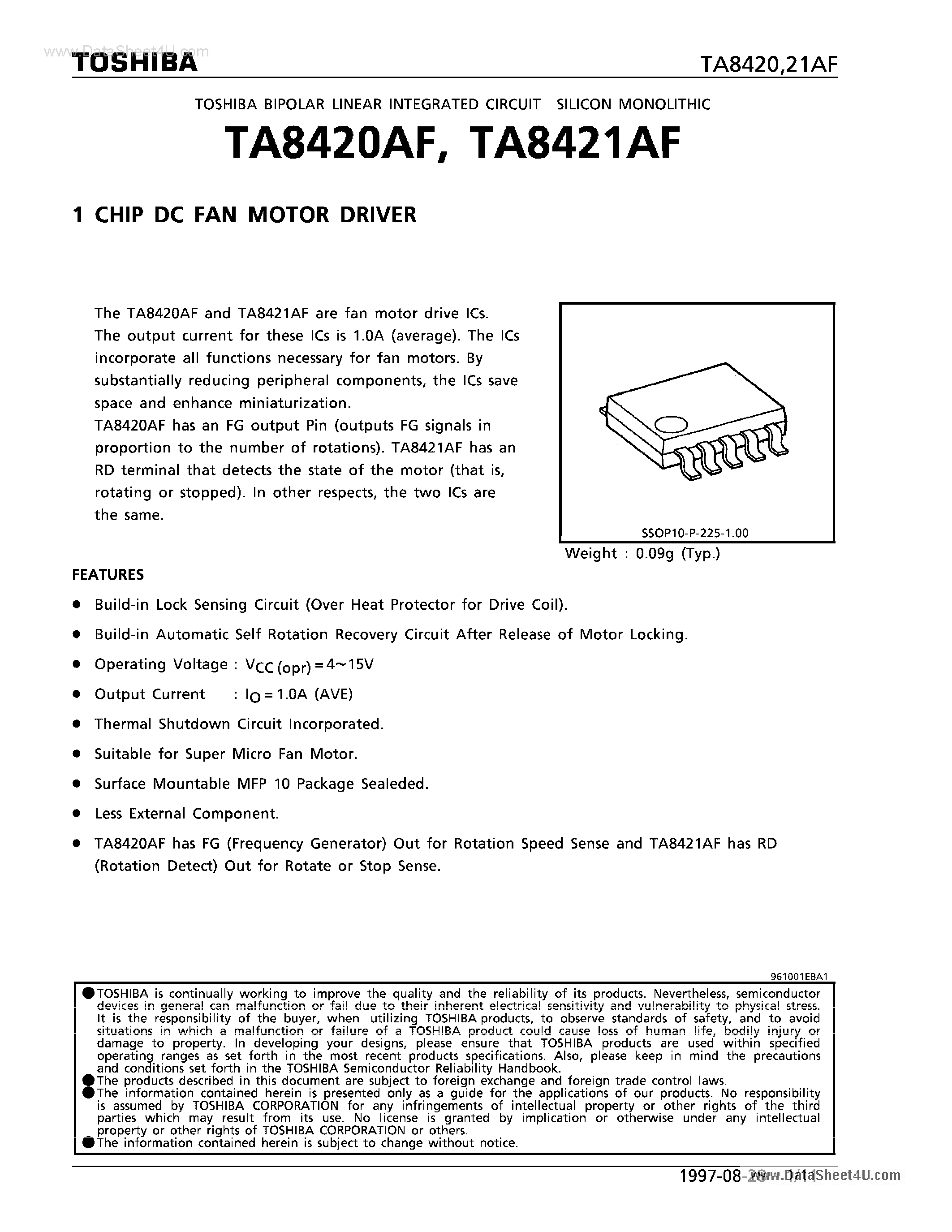 Datasheet TA8420AF - (TA8420AF / TA8421AF) 1 CHIP DC FAN MOTOR DRIVER page 1