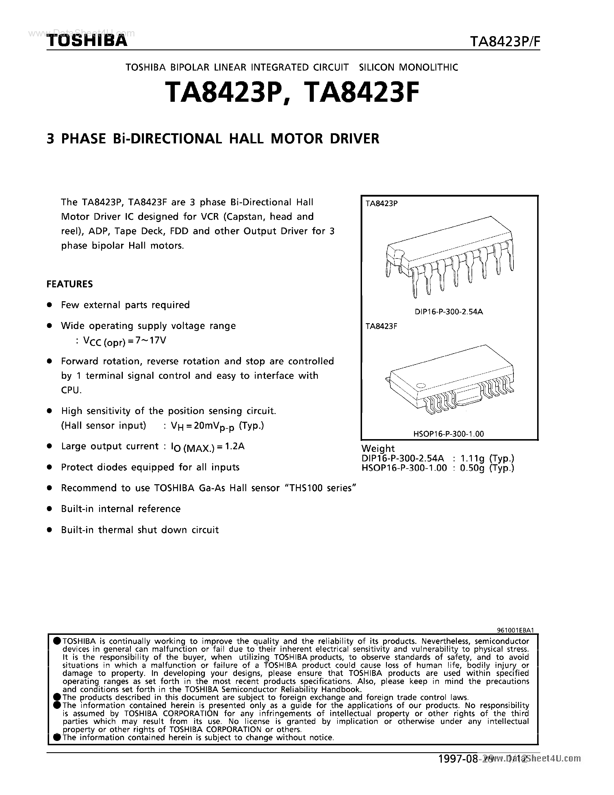 Datasheet TA8423F - (TA8423F/P) 3 PHASE Bi-DIRECTIONAL HALL MOTOR DRIVER page 1