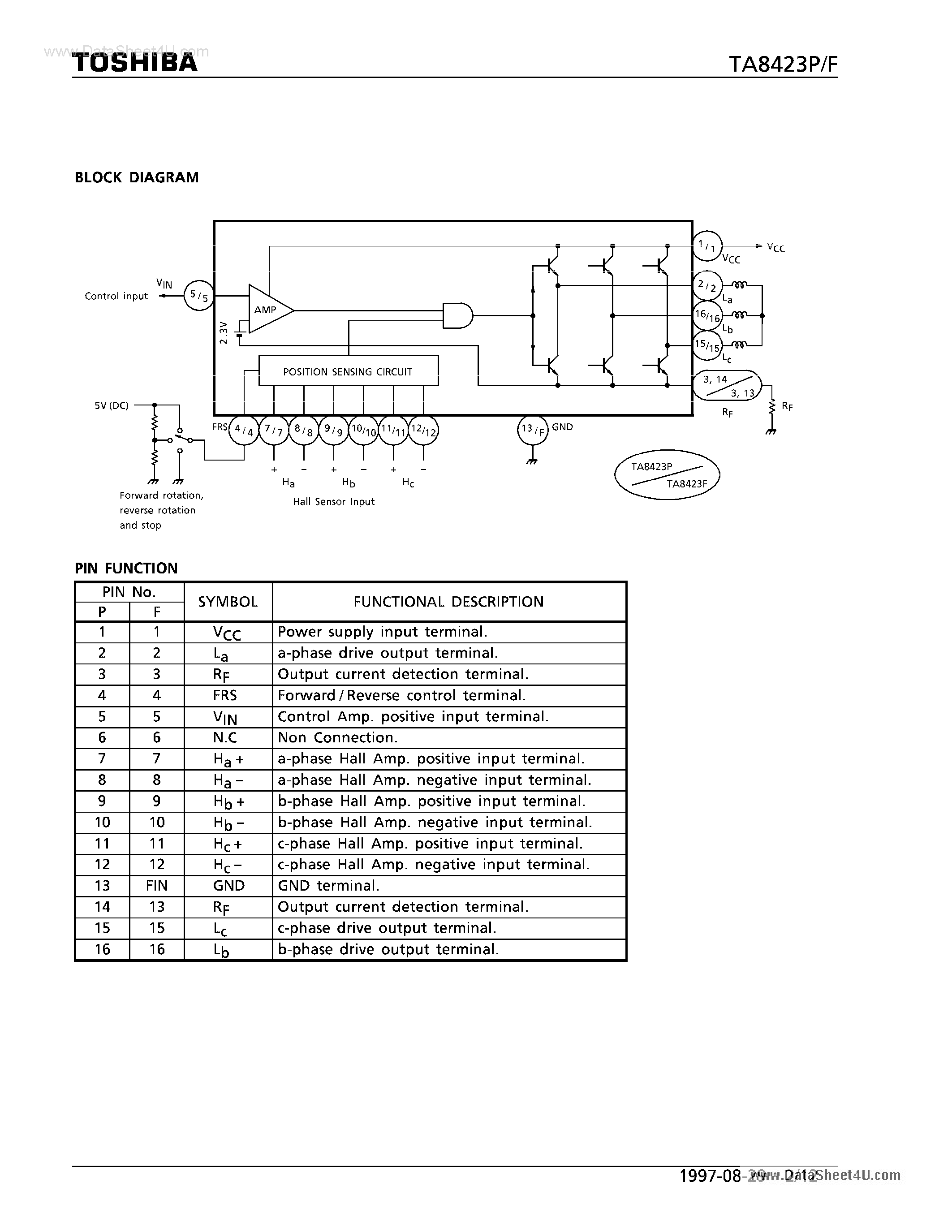 Datasheet TA8423F - (TA8423F/P) 3 PHASE Bi-DIRECTIONAL HALL MOTOR DRIVER page 2