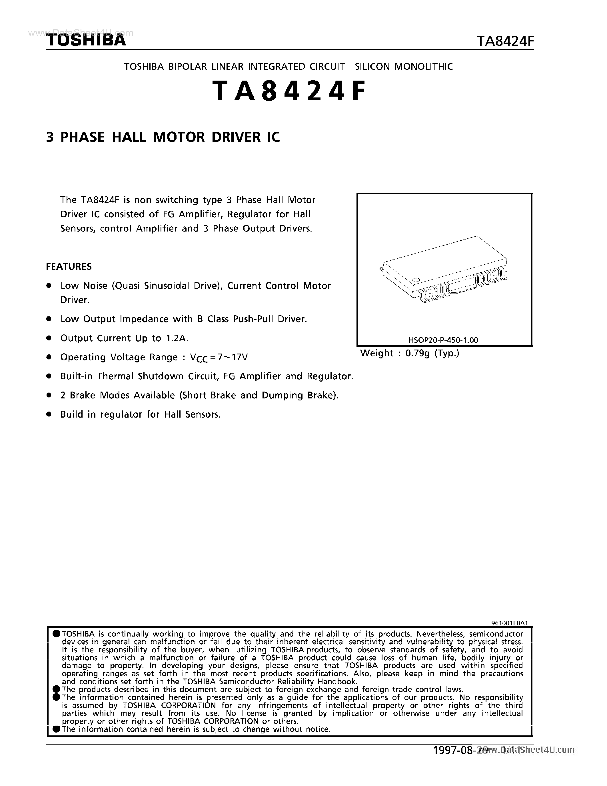 Datasheet TA8424F - 3 PHASE HALL MOTOR DRIVER IC page 1