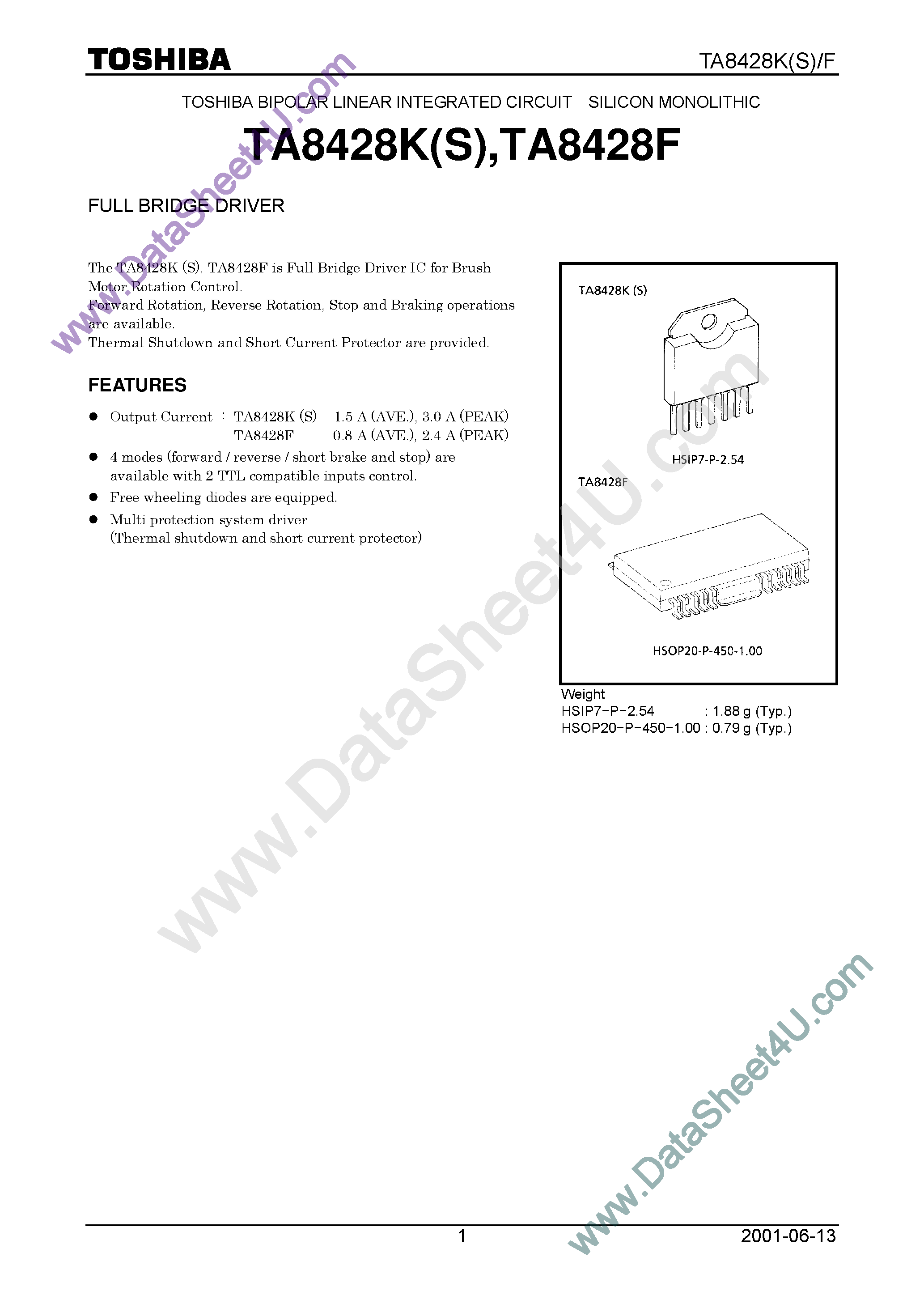 Datasheet TA8428F - 1.5 A FULL BRIDGE DRIVER page 1
