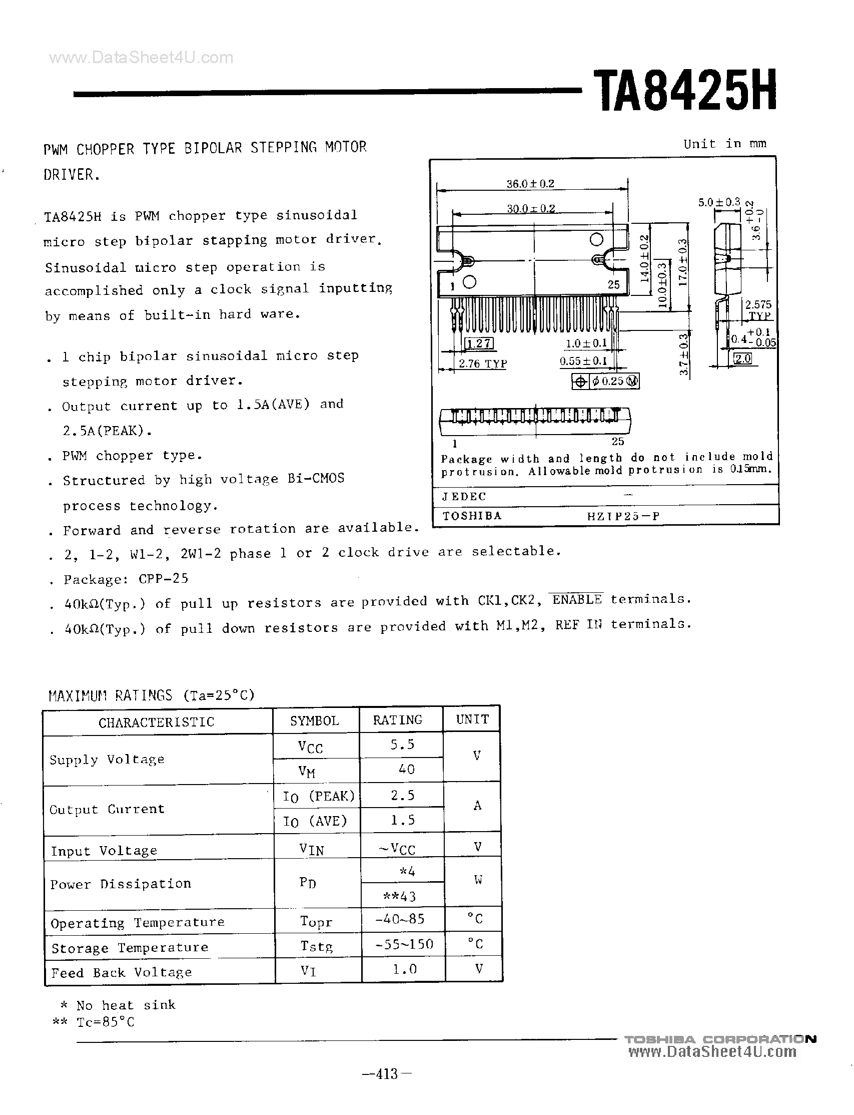 Даташит на микросхему TA8425H страница 1 Даташит TA8425H - PWM Chopper Type Bipolar Steeping Motor Driver страница 1