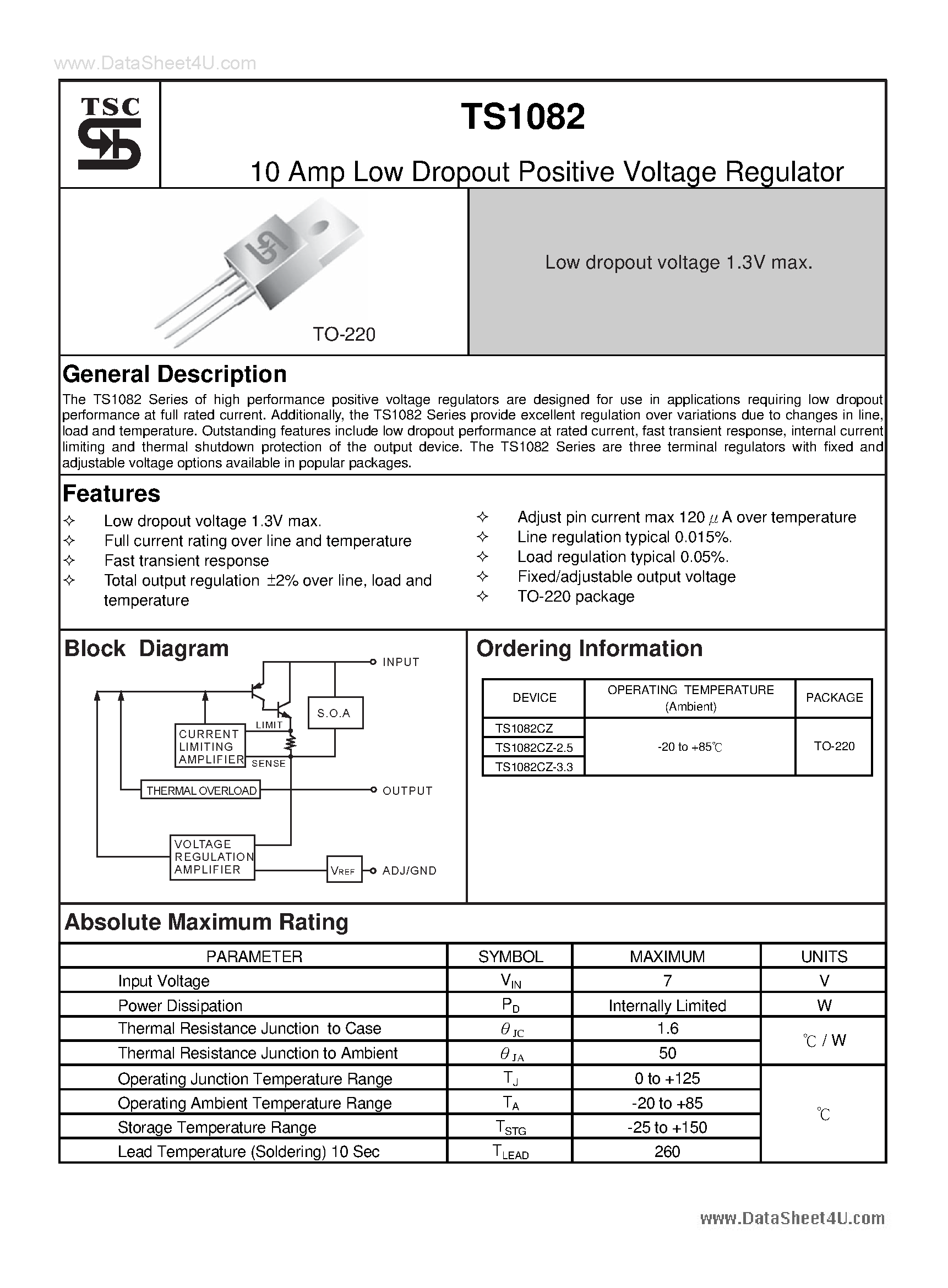 Datasheet TS1082 page 1 Datasheet TS1082 - 10 Amp Low Dropout Positive Voltage Regulator page 1