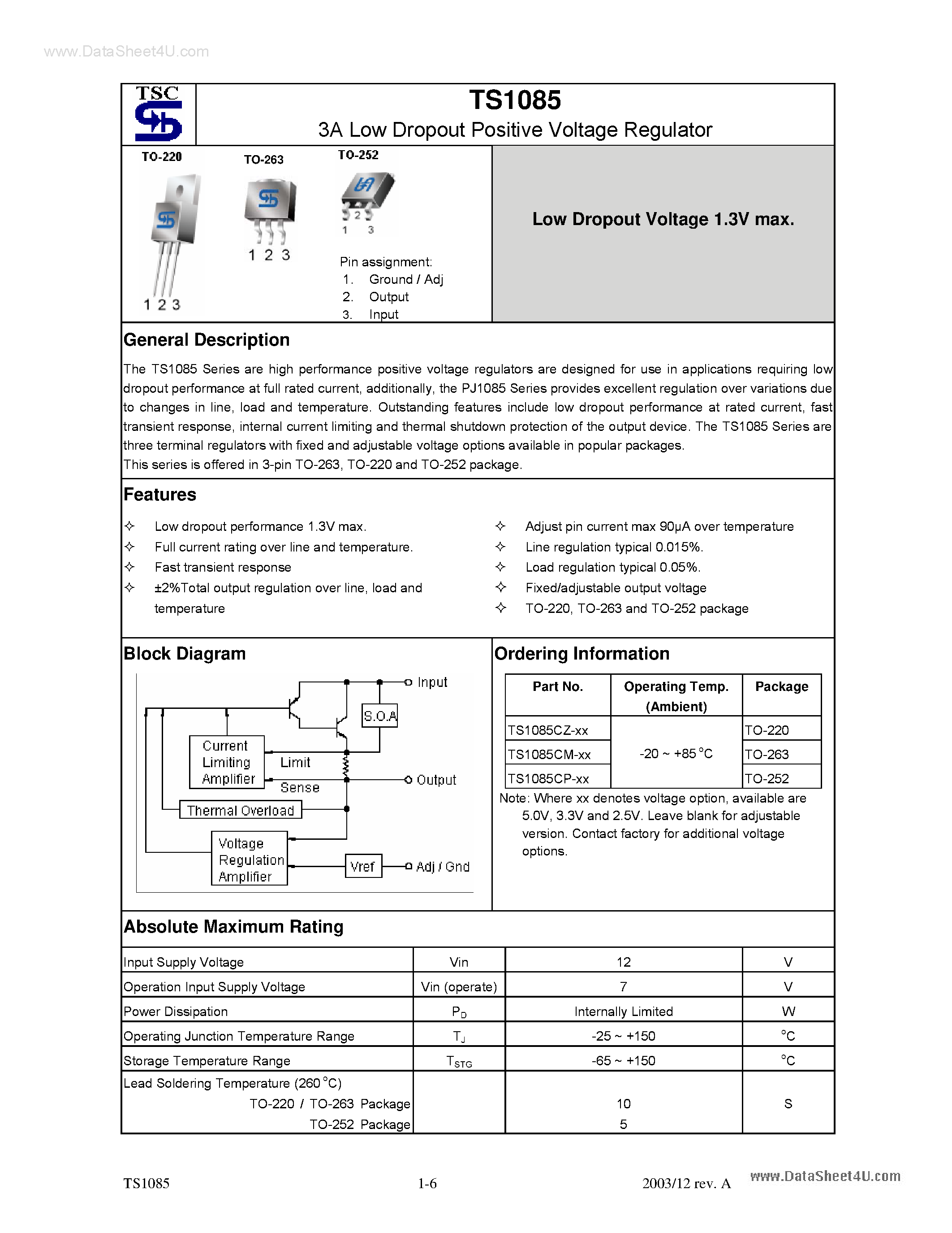 Даташит на микросхему TS1085 страница 1 Даташит TS1085 - 3A Low Dropout Positive Voltage Regulator страница 1
