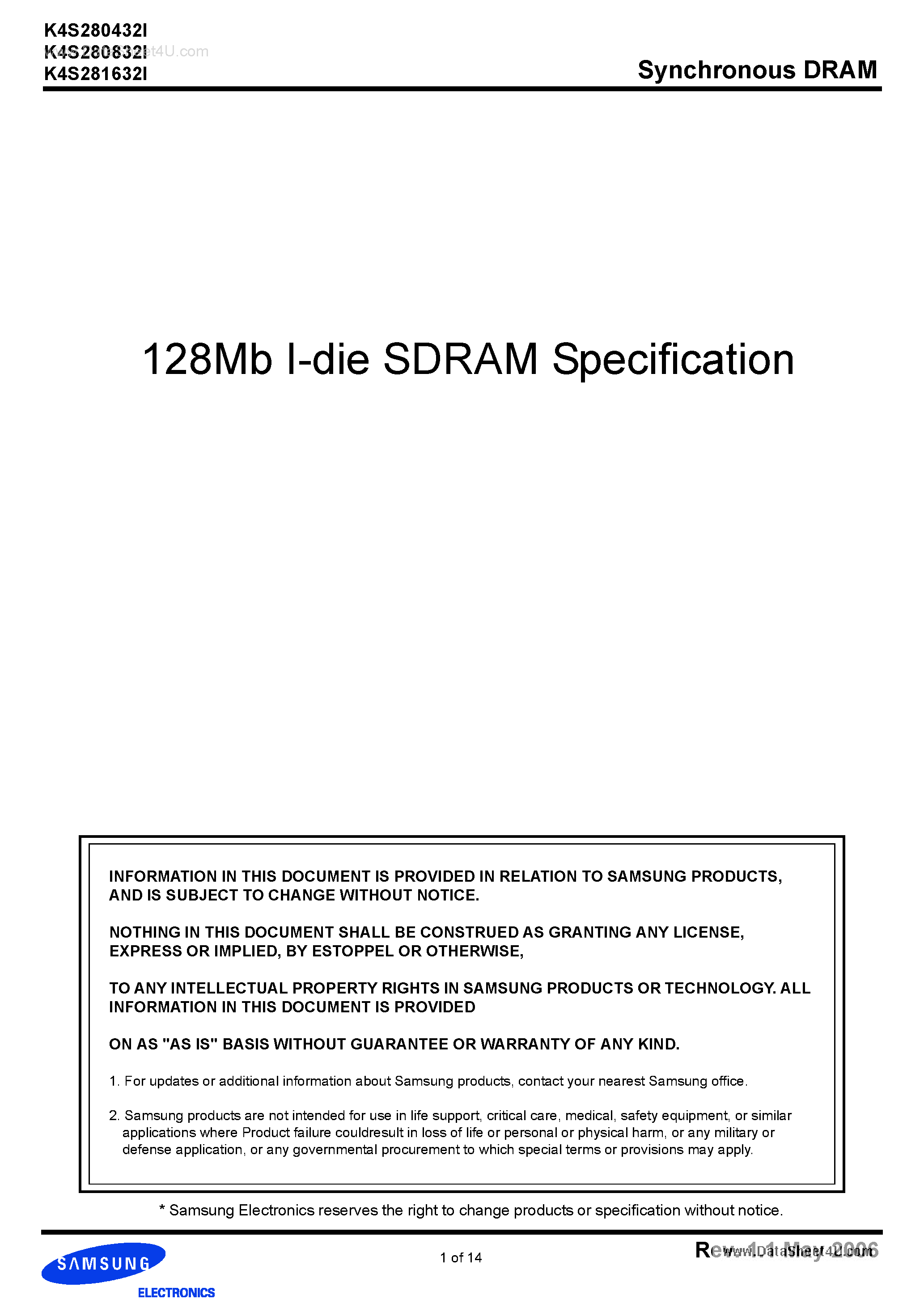 Datasheet K4S280432I - (K4S28xx32I) JEDEC standard 3.3V power supply LVTTL compatible page 1