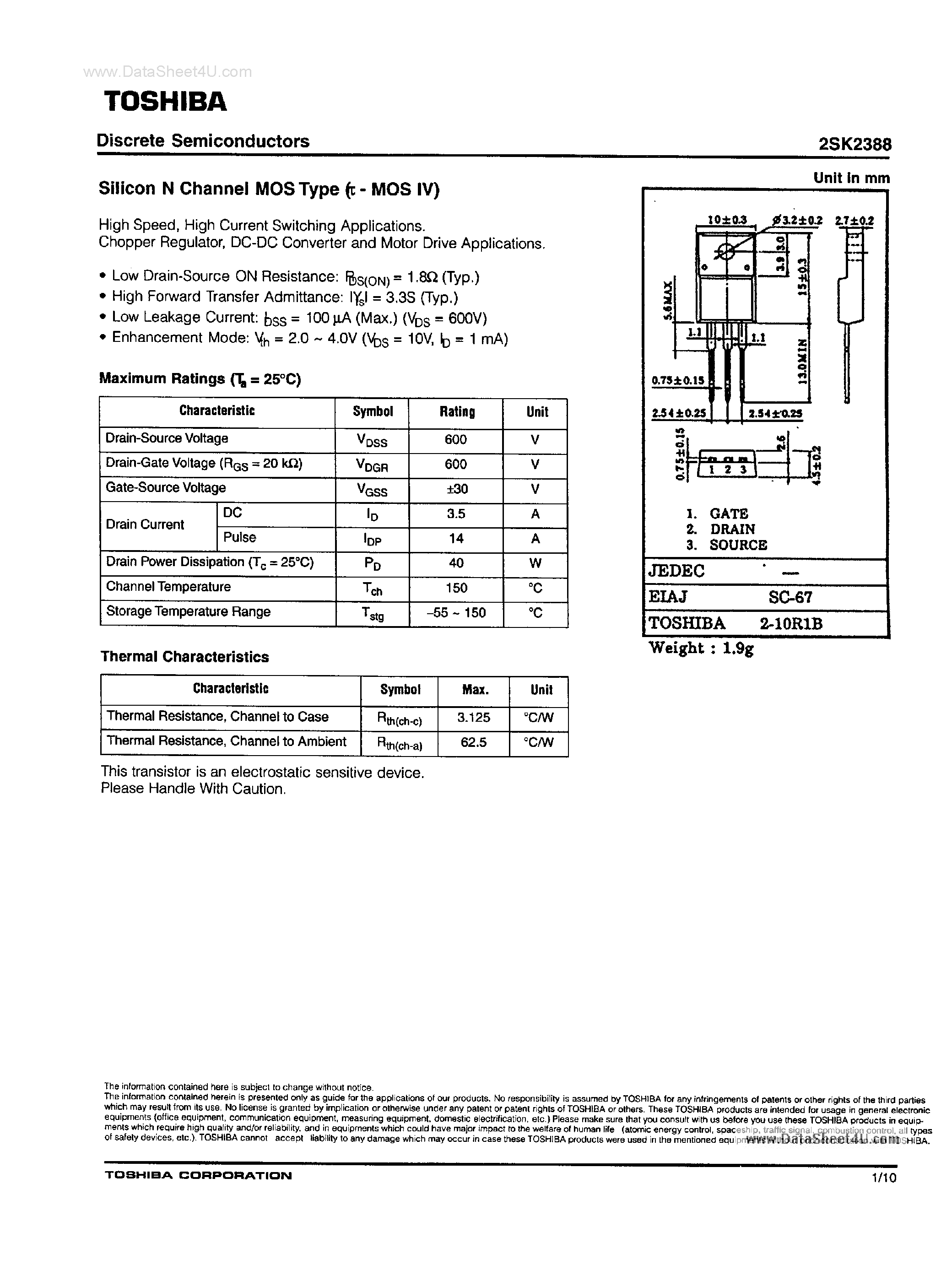 Даташит 2SK2388 - Silicon N-Channel MOS Type страница 1