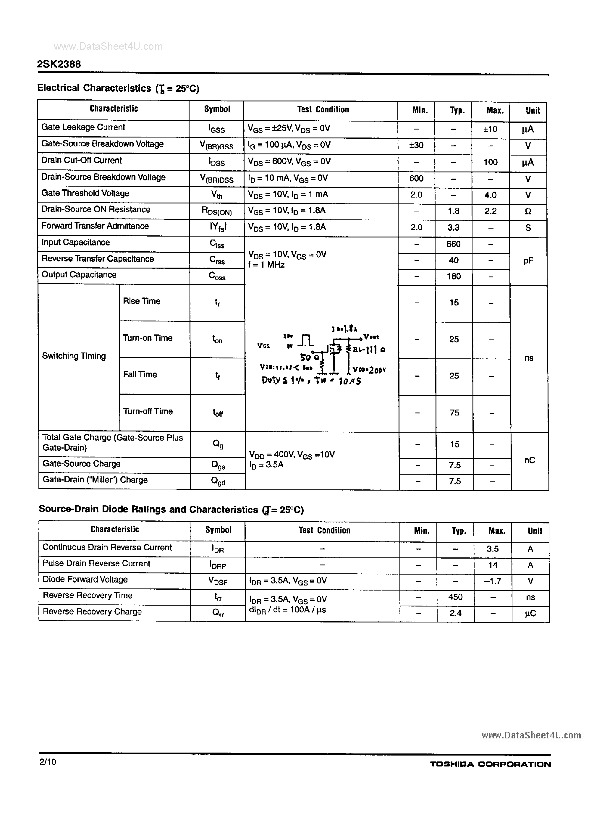 Даташит 2SK2388 - Silicon N-Channel MOS Type страница 2