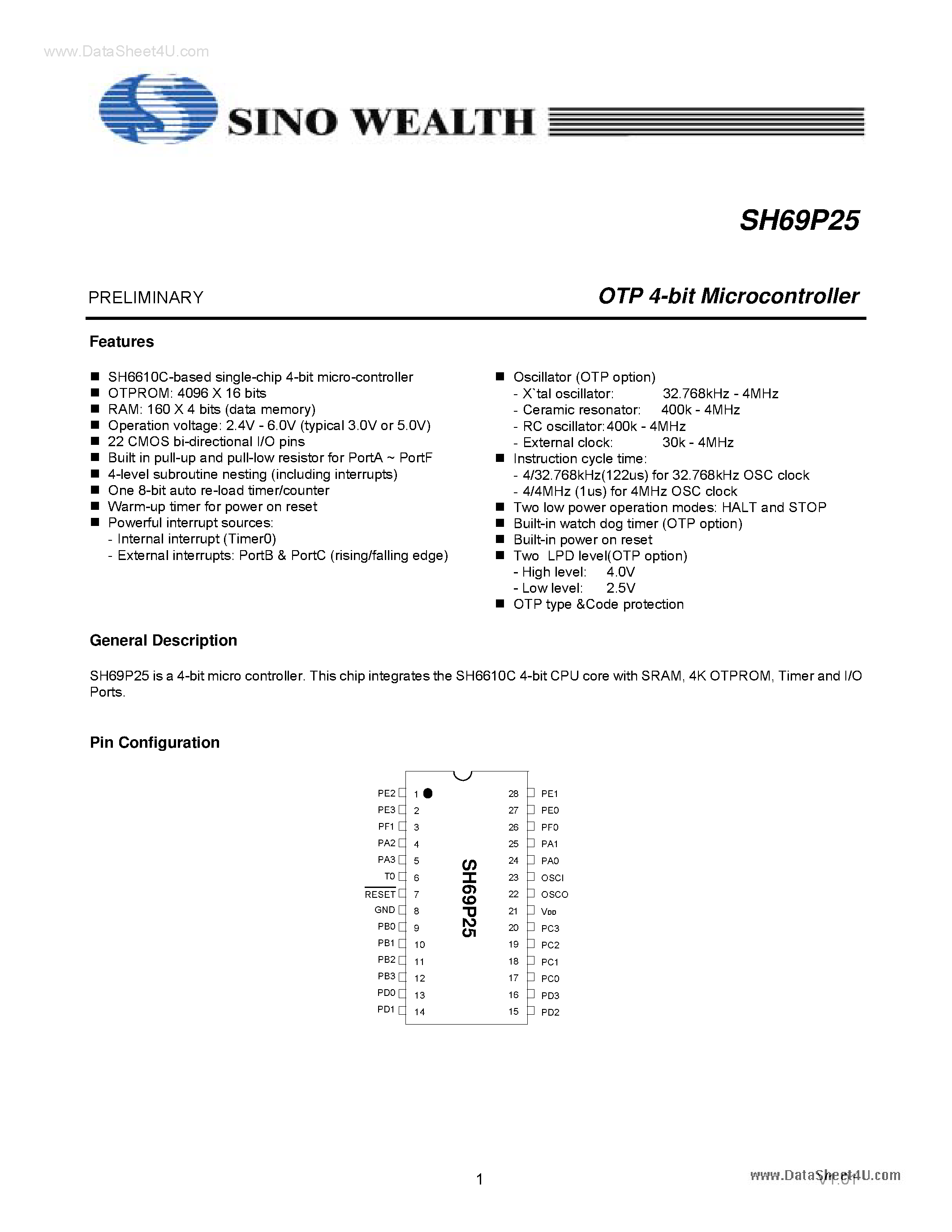 Datasheet SH69P25 - OTP 4K x 4-Bit Micro-Controller page 1