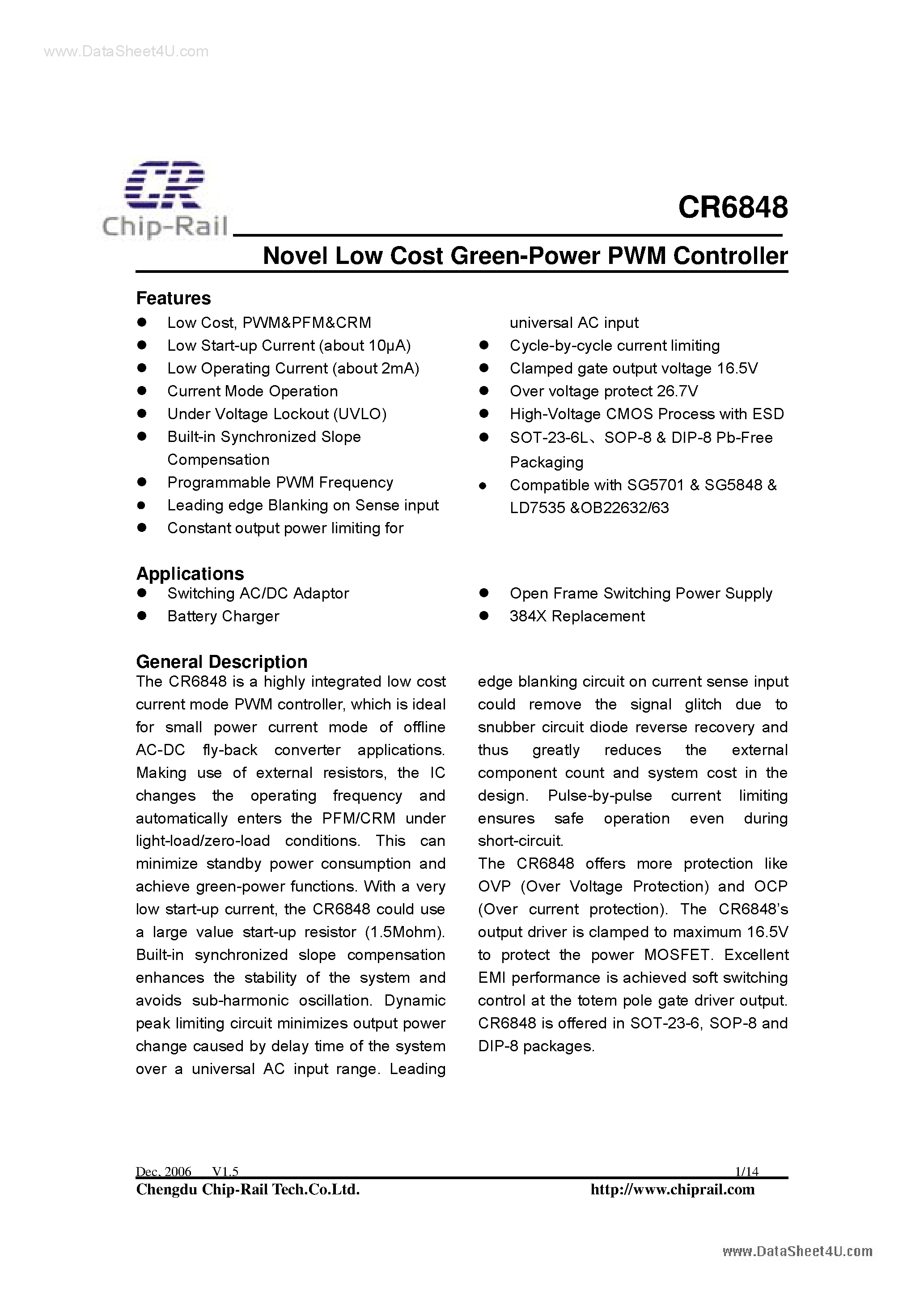 Даташит CR6848 - Npvel Low Cost Green-Power PWM Controller страница 1
