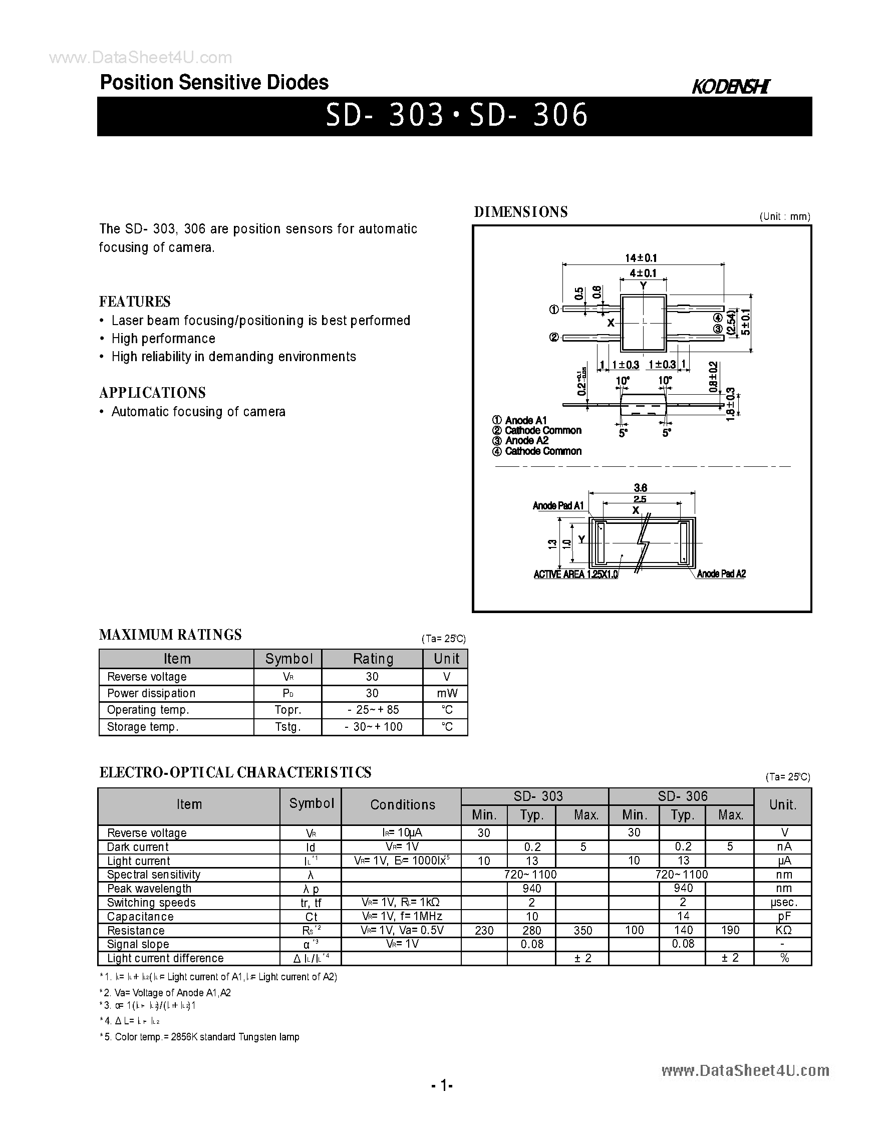 Даташит на микросхему SD-303 страница 1 Даташит SD-303 - (SD-303 / SD-306) Position Sensitive Diodes страница 1